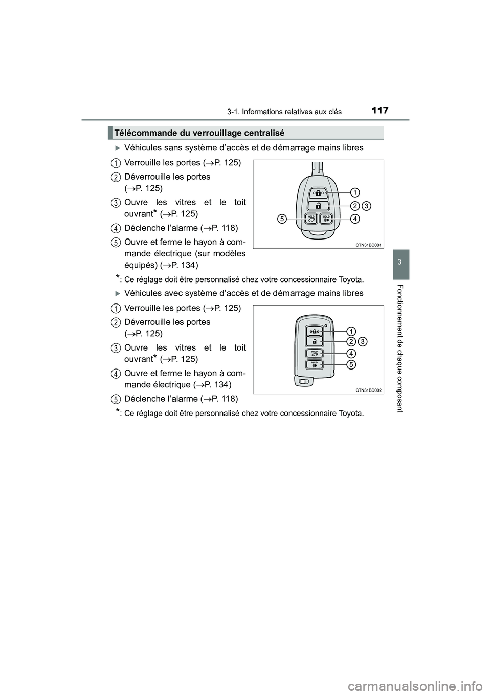 TOYOTA HIGHLANDER 2018  Manuel du propriétaire (in French) 1173-1. Informations relatives aux clés
3
Fonctionnement de chaque composant
HIGHLANDER_D_ OM0E031D
Véhicules sans système d’accès et de démarrage mains libres 
Verrouille les portes ( P.