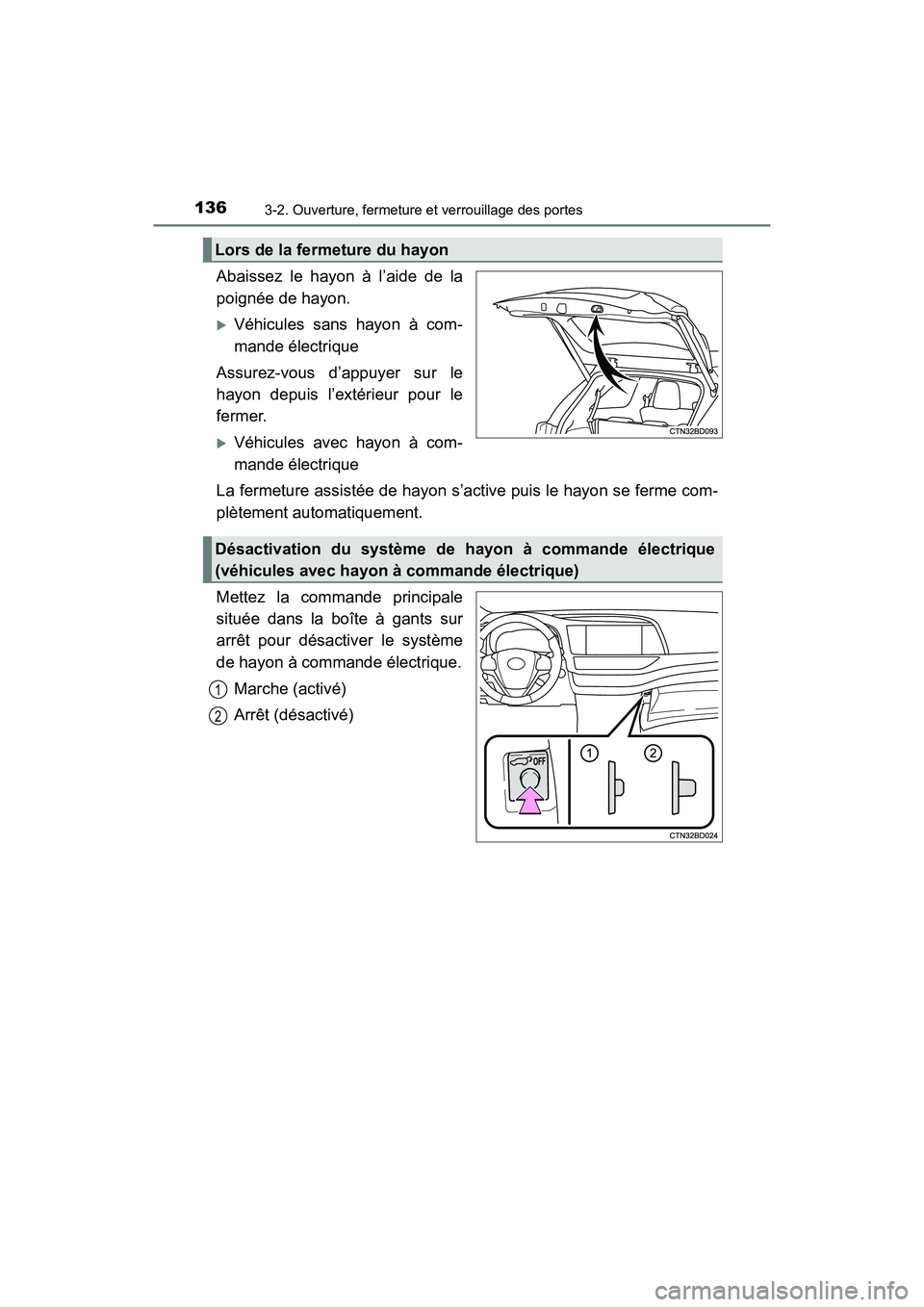 TOYOTA HIGHLANDER 2018  Manuel du propriétaire (in French) 1363-2. Ouverture, fermeture et verrouillage des portes
HIGHLANDER_D_ OM0E031D
Abaissez le hayon à l’aide de la 
poignée de hayon.
Véhicules sans hayon à com- 
mande électrique 
Assurez-vous
