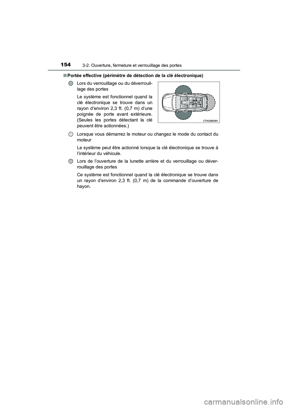 TOYOTA HIGHLANDER 2018 Manuel du propriétaire (in French) 1543-2. Ouverture, fermeture et verrouillage des portes
HIGHLANDER_D_ OM0E031D
■ Portée effective (périmètre de détection de la clé électronique)
Lors du verrouillage ou du déverrouil-
lag TOYOTA HIGHLANDER 2018 Manuel du propriétaire (in French) 1543-2. Ouverture, fermeture et verrouillage des portes
HIGHLANDER_D_ OM0E031D
■ Portée effective (périmètre de détection de la clé électronique)
Lors du verrouillage ou du déverrouil-
lag