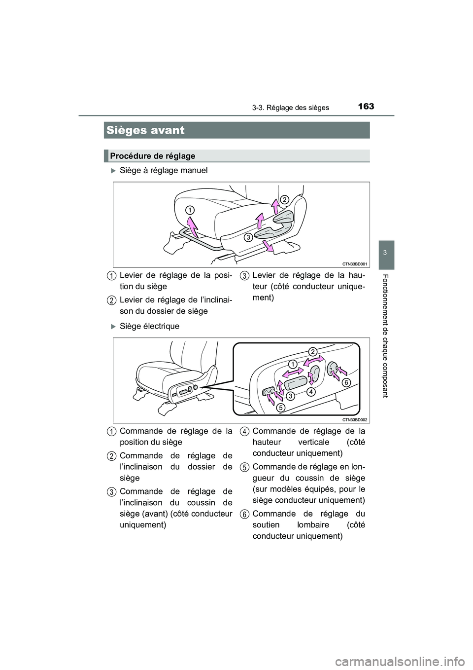 TOYOTA HIGHLANDER 2018  Manuel du propriétaire (in French) 163
3
Fonctionnement de chaque composant
HIGHLANDER_D_ OM0E031D
3-3. Réglage des sièges
Siège à réglage manuel
Siège électrique
Sièges avant
Procédure de réglage
Levier de réglage de 