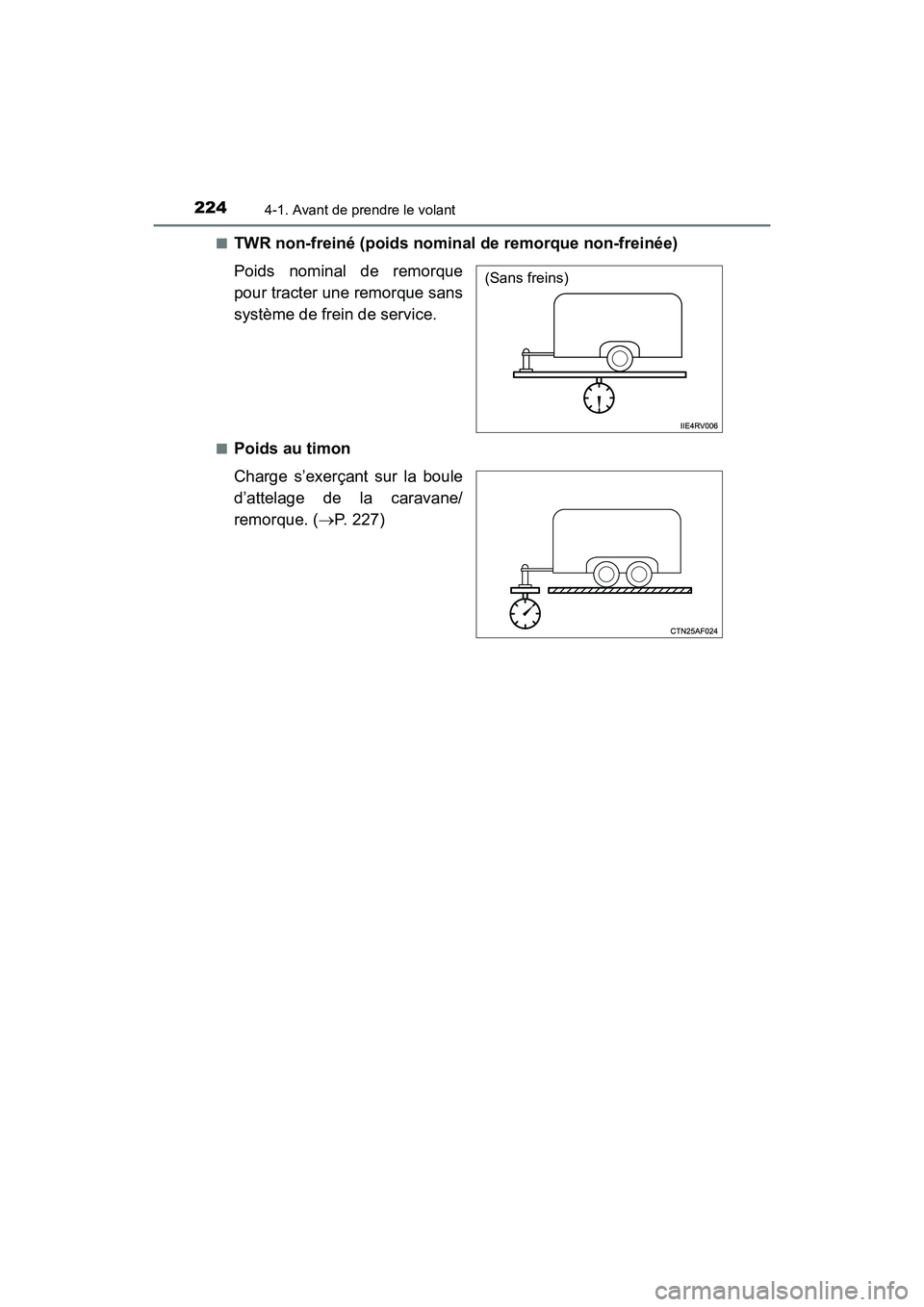 TOYOTA HIGHLANDER 2018  Manuel du propriétaire (in French) 2244-1. Avant de prendre le volant
HIGHLANDER_D_ OM0E031D 
■TWR non-freiné (poids nominal  de remorque non-freinée) 
Poids nominal de remorque 
pour tracter une remorque sans 
système de frein de