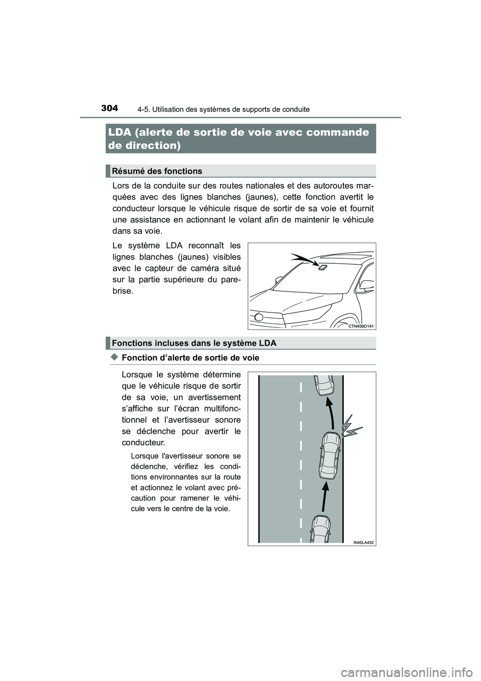TOYOTA HIGHLANDER 2018  Manuel du propriétaire (in French) 3044-5. Utilisation des systèmes de supports de conduite
HIGHLANDER_D_ OM0E031D
Lors de la conduite sur des routes nationales et des autoroutes mar- 
quées avec des lignes blanches (j aunes), cette 