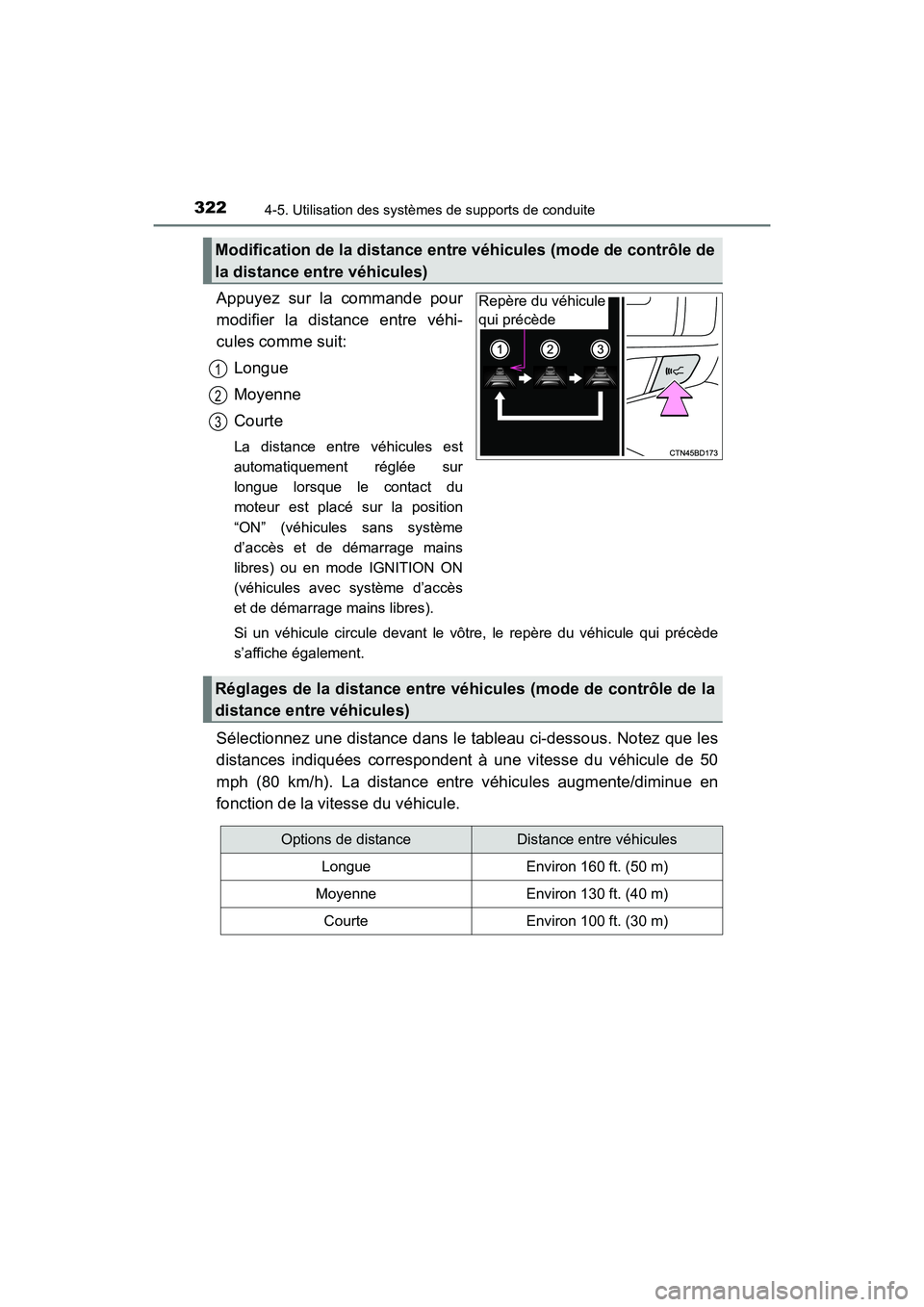 TOYOTA HIGHLANDER 2018 Manuel du propriétaire (in French) 3224-5. Utilisation des systèmes de supports de conduite
HIGHLANDER_D_ OM0E031D
Appuyez sur la commande pour
modifier la distance entre véhi-
cules comme suit:
Longue
Moyenne
Courte
La distance TOYOTA HIGHLANDER 2018 Manuel du propriétaire (in French) 3224-5. Utilisation des systèmes de supports de conduite
HIGHLANDER_D_ OM0E031D
Appuyez sur la commande pour
modifier la distance entre véhi-
cules comme suit:
Longue
Moyenne
Courte
La distance