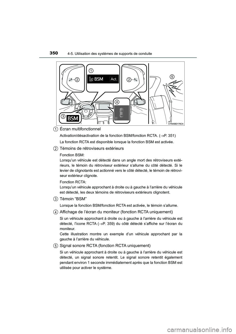 TOYOTA HIGHLANDER 2018 Manuel du propriétaire (in French) 3504-5. Utilisation des systèmes de supports de conduite
HIGHLANDER_D_ OM0E031D
Écran multifonctionnel
Activation/désactivation de la fonction BSM/fonction RCTA. (P. 351)
La fonction RCTA est d TOYOTA HIGHLANDER 2018 Manuel du propriétaire (in French) 3504-5. Utilisation des systèmes de supports de conduite
HIGHLANDER_D_ OM0E031D
Écran multifonctionnel
Activation/désactivation de la fonction BSM/fonction RCTA. (P. 351)
La fonction RCTA est d