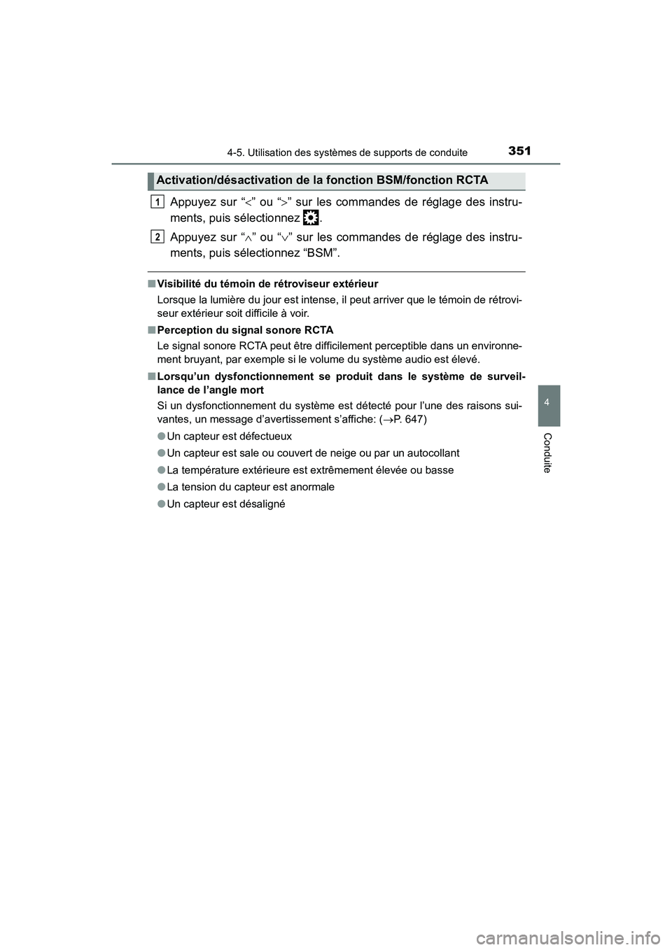 TOYOTA HIGHLANDER 2018 Manuel du propriétaire (in French) 3514-5. Utilisation des systèmes de supports de conduite
4
Conduite
HIGHLANDER_D_ OM0E031D
Appuyez sur “” ou “” sur les commandes de réglage des instru-
ments, puis sélectionnez .
TOYOTA HIGHLANDER 2018 Manuel du propriétaire (in French) 3514-5. Utilisation des systèmes de supports de conduite
4
Conduite
HIGHLANDER_D_ OM0E031D
Appuyez sur “” ou “” sur les commandes de réglage des instru-
ments, puis sélectionnez .