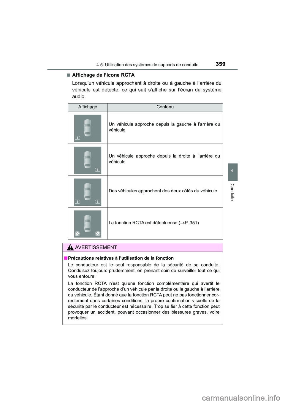 TOYOTA HIGHLANDER 2018 Manuel du propriétaire (in French) 3594-5. Utilisation des systèmes de supports de conduite
4
Conduite
HIGHLANDER_D_ OM0E031D
■Affichage de l’icone RCTA
Lorsqu’un véhicule approchant à droite ou à gauche à l’arrière du TOYOTA HIGHLANDER 2018 Manuel du propriétaire (in French) 3594-5. Utilisation des systèmes de supports de conduite
4
Conduite
HIGHLANDER_D_ OM0E031D
■Affichage de l’icone RCTA
Lorsqu’un véhicule approchant à droite ou à gauche à l’arrière du