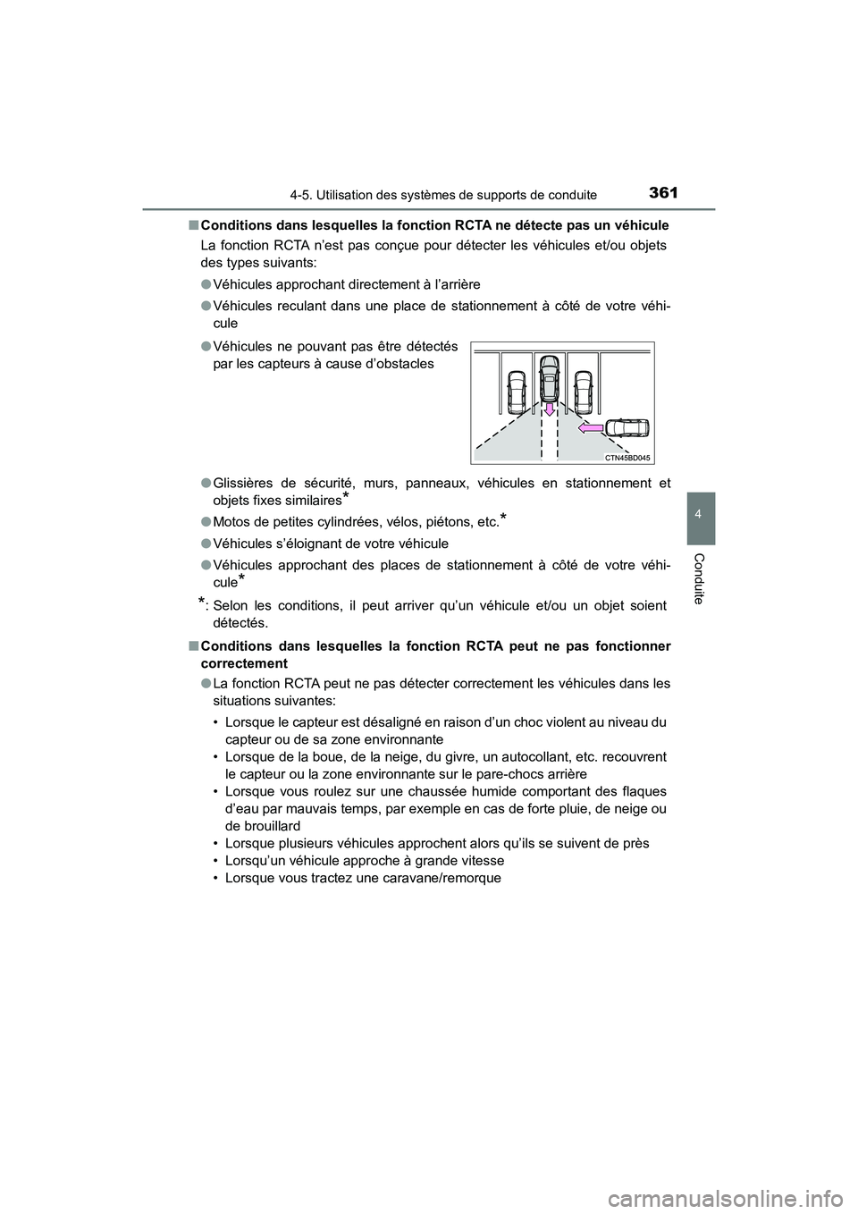 TOYOTA HIGHLANDER 2018 Manuel du propriétaire (in French) 3614-5. Utilisation des systèmes de supports de conduite
4
Conduite
HIGHLANDER_D_ OM0E031D
■ Conditions dans lesquelles la fonction RCTA ne détecte pas un véhicule
La fonction RCTA n’est pas TOYOTA HIGHLANDER 2018 Manuel du propriétaire (in French) 3614-5. Utilisation des systèmes de supports de conduite
4
Conduite
HIGHLANDER_D_ OM0E031D
■ Conditions dans lesquelles la fonction RCTA ne détecte pas un véhicule
La fonction RCTA n’est pas
