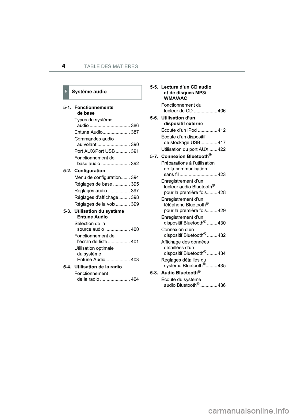 TOYOTA HIGHLANDER 2018  Manuel du propriétaire (in French) TABLE DES MATIÈRES4
HIGHLANDER_D_ OM0E031D 
5-1. Fonctionnements  
de base 
Types de système  
audio ............................... 386 
Entune Audio..................... 387
Commandes audio  
au v
