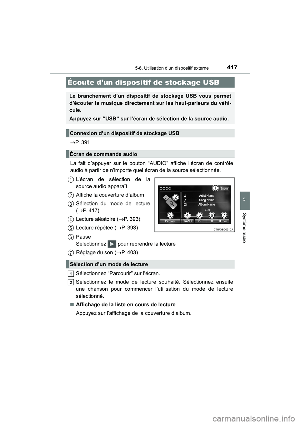 TOYOTA HIGHLANDER 2018 Manuel du propriétaire (in French) 4175-6. Utilisation d’un dispositif externe
5
Système audio
HIGHLANDER_D_ OM0E031D
P. 3 9 1
La fait d’appuyer sur le bouton “AUDIO” affiche l’écran de contrôle
audio à partir de n TOYOTA HIGHLANDER 2018 Manuel du propriétaire (in French) 4175-6. Utilisation d’un dispositif externe
5
Système audio
HIGHLANDER_D_ OM0E031D
P. 3 9 1
La fait d’appuyer sur le bouton “AUDIO” affiche l’écran de contrôle
audio à partir de n