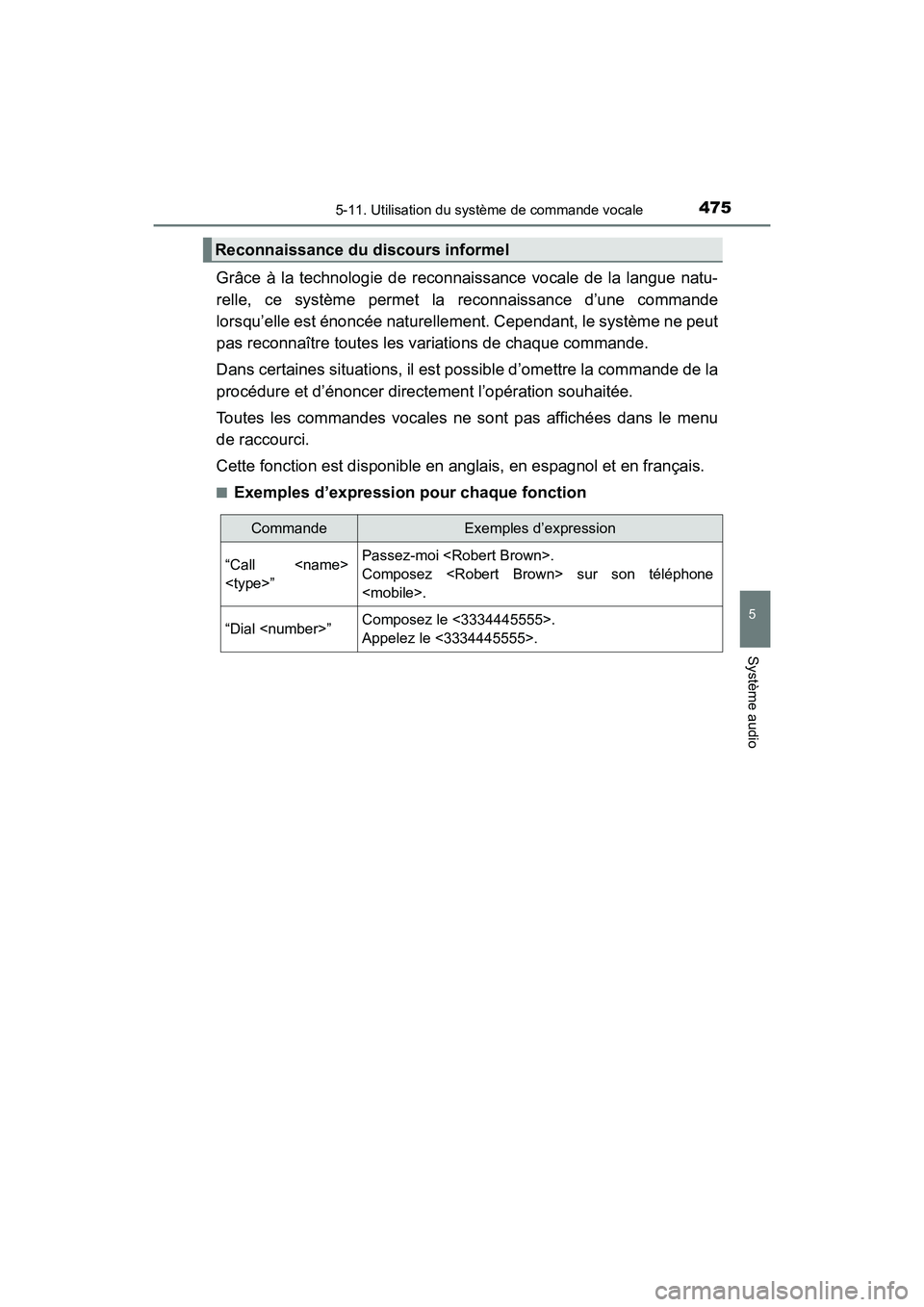 TOYOTA HIGHLANDER 2018 Manuel du propriétaire (in French) 4755-11. Utilisation du système de commande vocale
5
Système audio
HIGHLANDER_D_ OM0E031D
Grâce à la technologie de reconnaissance vocale de la langue natu-
relle, ce système permet la reconnai TOYOTA HIGHLANDER 2018 Manuel du propriétaire (in French) 4755-11. Utilisation du système de commande vocale
5
Système audio
HIGHLANDER_D_ OM0E031D
Grâce à la technologie de reconnaissance vocale de la langue natu-
relle, ce système permet la reconnai