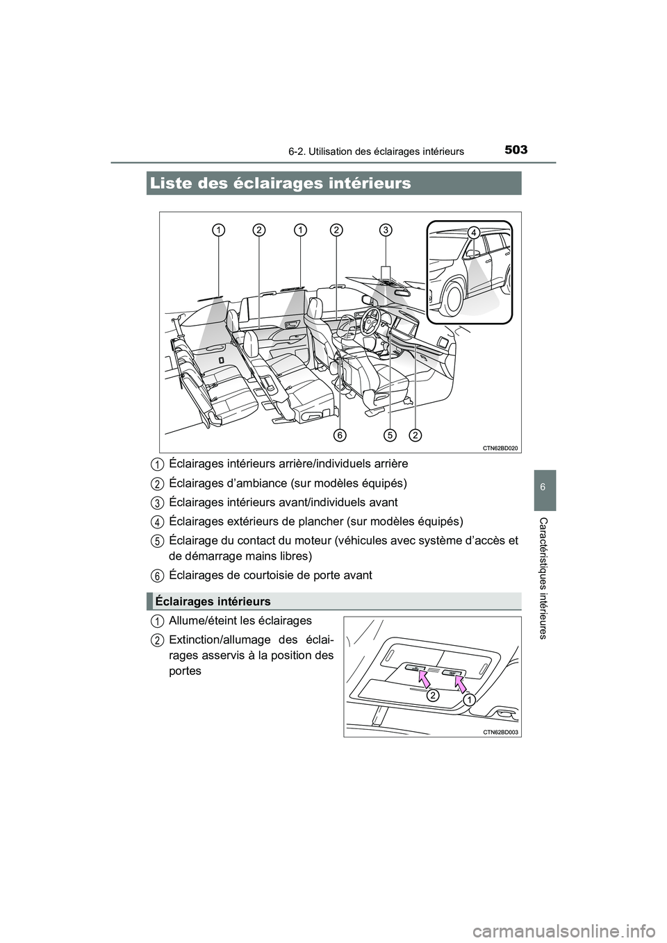 TOYOTA HIGHLANDER 2018 Manuel du propriétaire (in French) 503
6
Caractéristiques intérieures
HIGHLANDER_D_ OM0E031D
6-2. Utilisation des éclairages intérieurs
Éclairages intérieurs arrière/individuels arrière
Éclairages d’ambiance (s ur modèles TOYOTA HIGHLANDER 2018 Manuel du propriétaire (in French) 503
6
Caractéristiques intérieures
HIGHLANDER_D_ OM0E031D
6-2. Utilisation des éclairages intérieurs
Éclairages intérieurs arrière/individuels arrière
Éclairages d’ambiance (s ur modèles