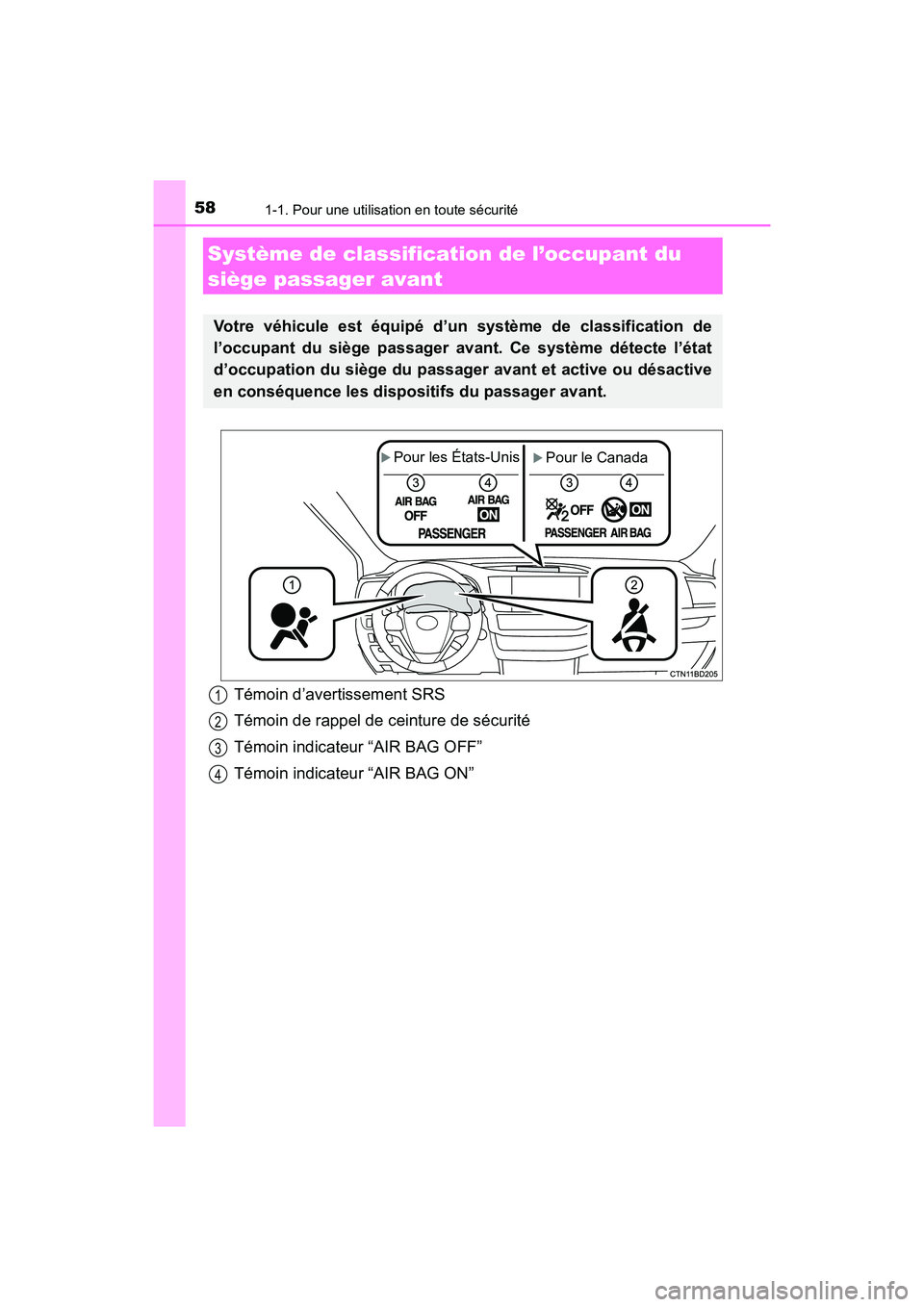 TOYOTA HIGHLANDER 2018 Manuel du propriétaire (in French) 581-1. Pour une utilisation en toute sécurité
HIGHLANDER_D_ OM0E031D
Système de classification de l’occupant du
siège passager avant
Votre véhicule est équipé d’un système de classificat TOYOTA HIGHLANDER 2018 Manuel du propriétaire (in French) 581-1. Pour une utilisation en toute sécurité
HIGHLANDER_D_ OM0E031D
Système de classification de l’occupant du
siège passager avant
Votre véhicule est équipé d’un système de classificat