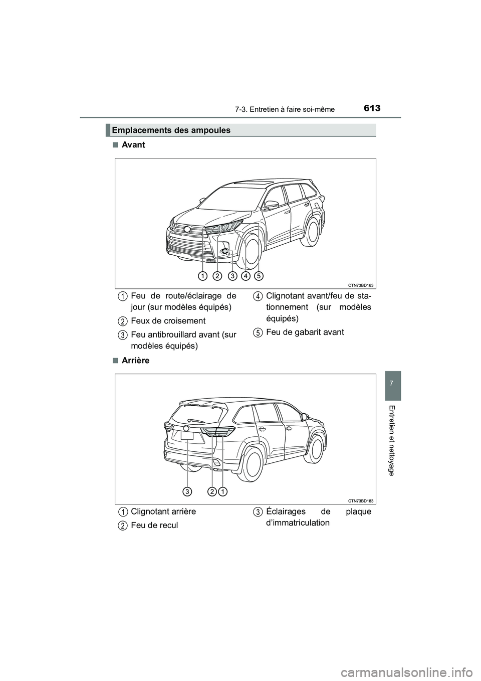 TOYOTA HIGHLANDER 2018  Manuel du propriétaire (in French) 6137-3. Entretien à faire soi-même
7
Entretien et nettoyage
HIGHLANDER_D_ OM0E031D 
■Avant
■Arrière
Emplacements des ampoules
Feu de route/éclairage de 
jour (sur modèles équipés) 
Feux de 