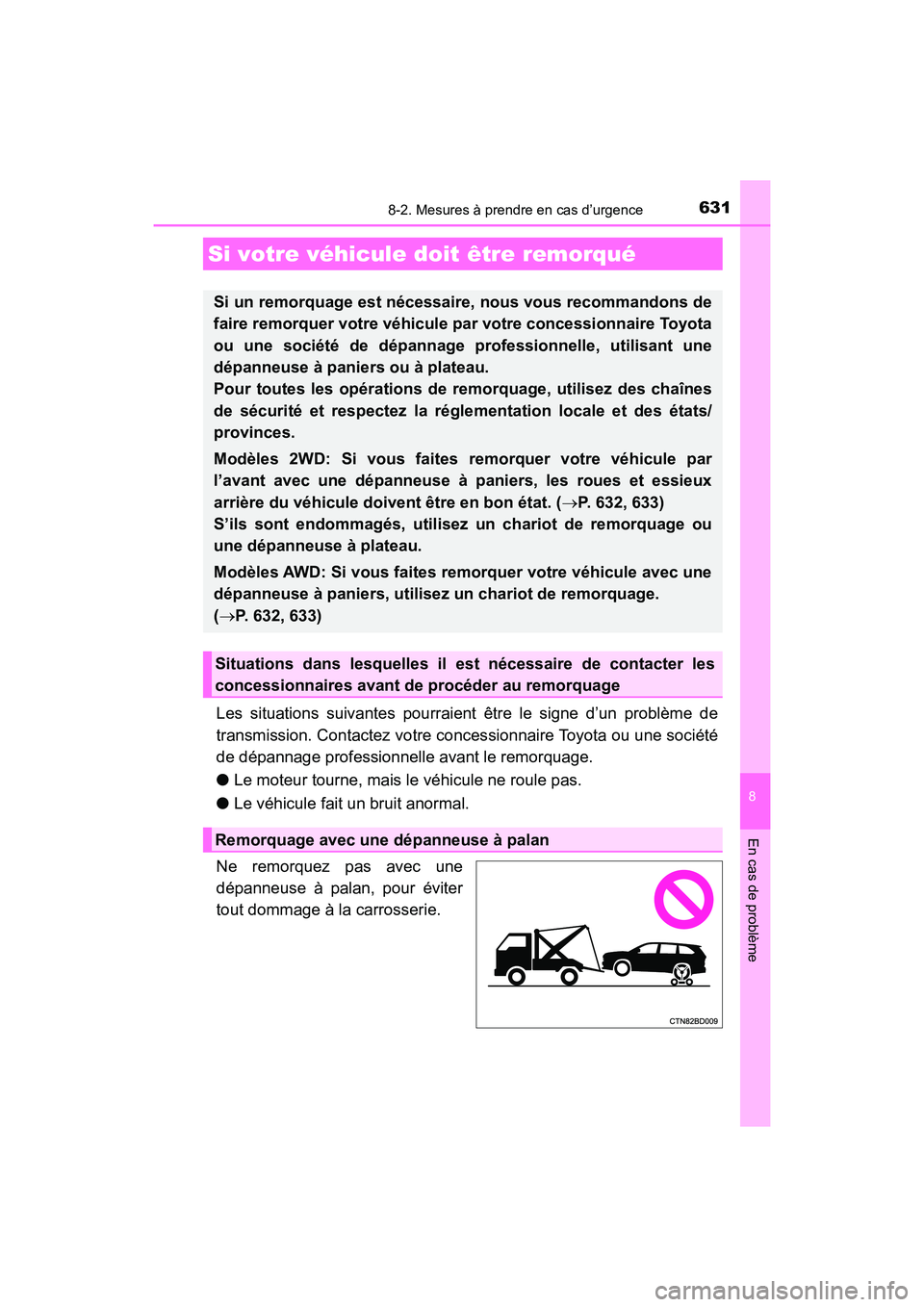 TOYOTA HIGHLANDER 2018  Manuel du propriétaire (in French) 631
8
En cas de problème
HIGHLANDER_D_ OM0E031D
8-2. Mesures à prendre en cas d’urgence
Les situations suivantes pourraient être le signe d’un problème de 
transmission. Contactez votre conces