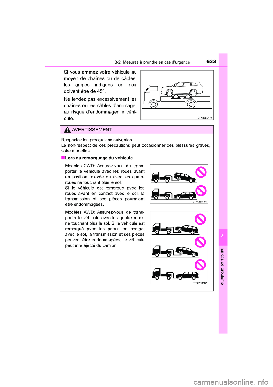 TOYOTA HIGHLANDER 2018  Manuel du propriétaire (in French) 6338-2. Mesures à prendre en cas d’urgence
8
En cas de problème
HIGHLANDER_D_ OM0E031D
Si vous arrimez votre véhicule au 
moyen de chaînes ou de câbles, 
les angles indiqués en noir
doivent ê