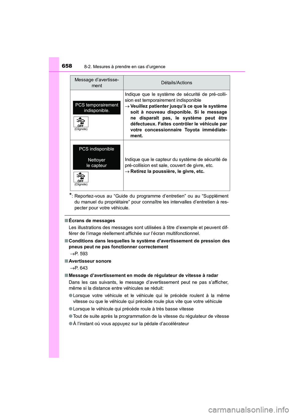TOYOTA HIGHLANDER 2018  Manuel du propriétaire (in French) 6588-2. Mesures à prendre en cas d’urgence
HIGHLANDER_D_ OM0E031D
*: Reportez-vous au “Guide du programme d’entretien” ou au “Supplément 
du manuel du propriétaire” pour connaître les 