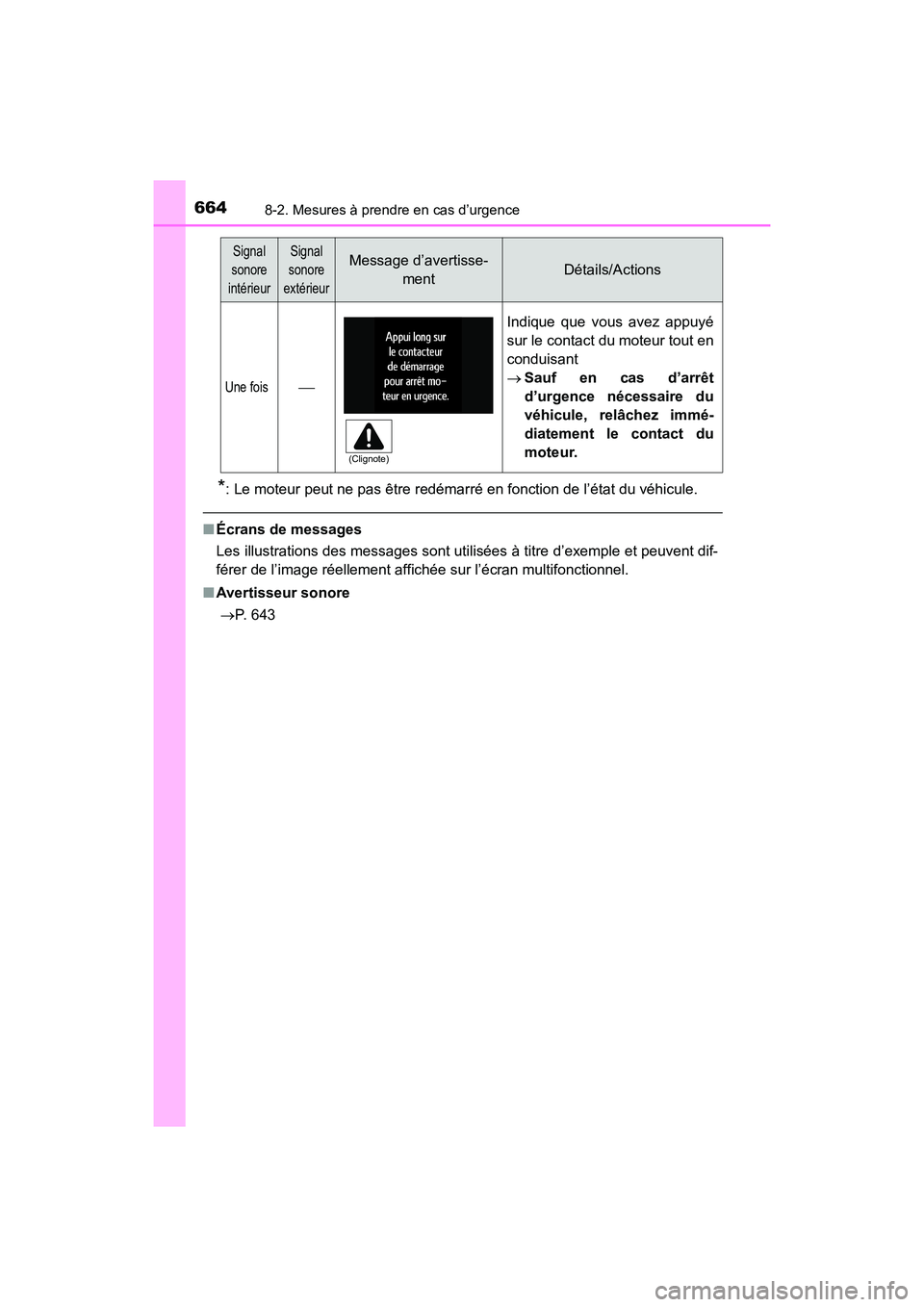 TOYOTA HIGHLANDER 2018 Manuel du propriétaire (in French) 6648-2. Mesures à prendre en cas d’urgence
HIGHLANDER_D_ OM0E031D
*: Le moteur peut ne pas être redémarré en fonction de l’état du véhicule.
■Écrans de messages
Les illustrations des mes TOYOTA HIGHLANDER 2018 Manuel du propriétaire (in French) 6648-2. Mesures à prendre en cas d’urgence
HIGHLANDER_D_ OM0E031D
*: Le moteur peut ne pas être redémarré en fonction de l’état du véhicule.
■Écrans de messages
Les illustrations des mes