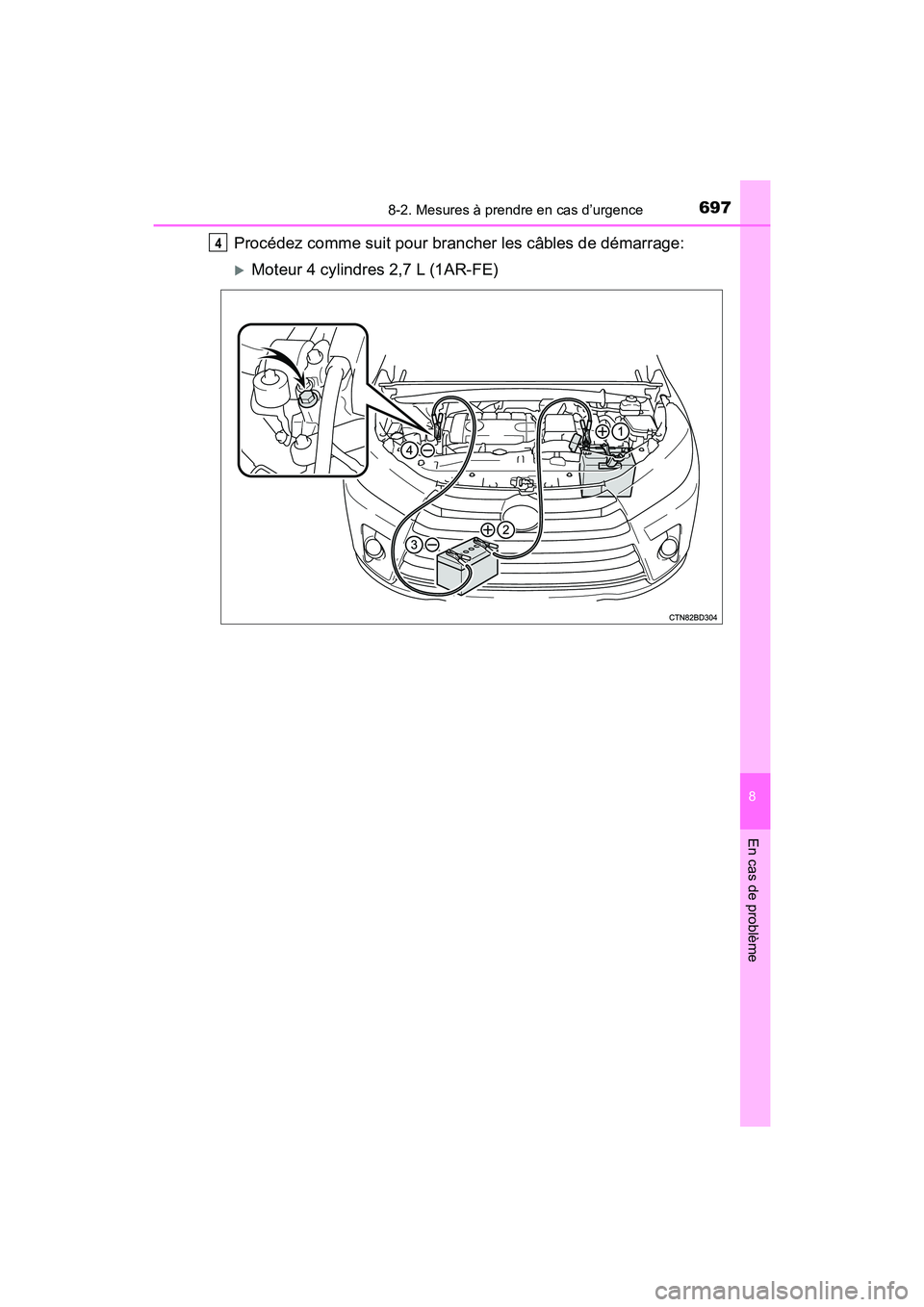 TOYOTA HIGHLANDER 2018  Manuel du propriétaire (in French) 6978-2. Mesures à prendre en cas d’urgence
8
En cas de problème
HIGHLANDER_D_ OM0E031D
Procédez comme suit pour brancher les câbles de démarrage:
Moteur 4 cylindres 2,7 L (1AR-FE)
4 