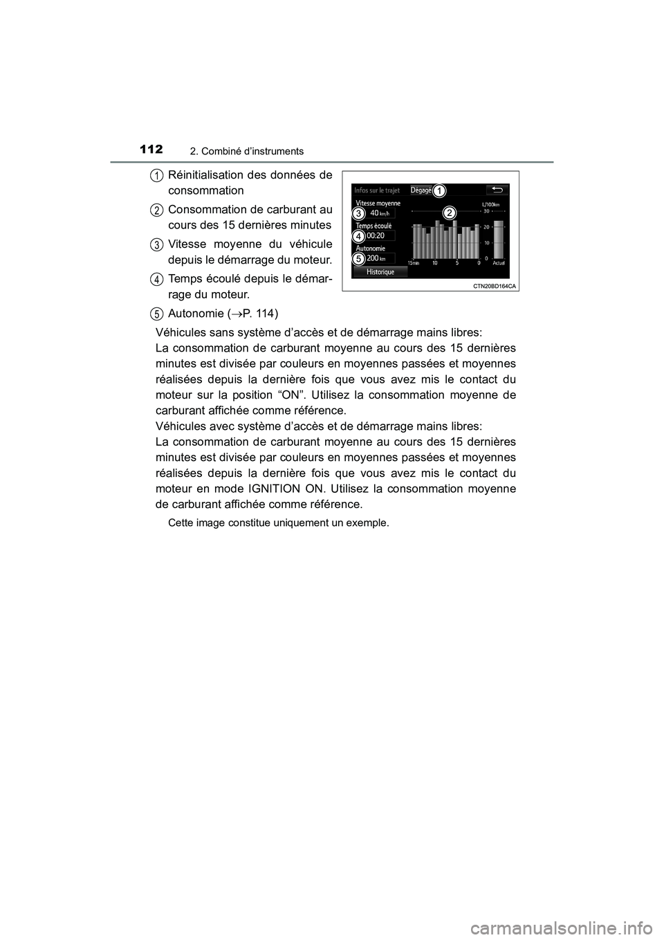 TOYOTA HIGHLANDER 2017  Manuel du propriétaire (in French) 1122. Combiné d’instruments
HIGHLANDER_D_ OM0E017D
Réinitialisation des données de 
consommation 
Consommation de carburant au 
cours des 15 dernières minutes 
Vitesse moyenne du véhicule 
depu