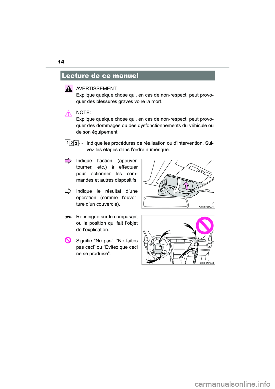 TOYOTA HIGHLANDER 2017 Manuel du propriétaire (in French) 14
HIGHLANDER_D_ OM0E017D
AVERTISSEMENT:
Explique quelque chose qui, en cas de non-respect, peut provo-
quer des blessures graves voire la mort.
NOTE:
Explique quelque chose qui, en cas de non-r TOYOTA HIGHLANDER 2017 Manuel du propriétaire (in French) 14
HIGHLANDER_D_ OM0E017D
AVERTISSEMENT:
Explique quelque chose qui, en cas de non-respect, peut provo-
quer des blessures graves voire la mort.
NOTE:
Explique quelque chose qui, en cas de non-r