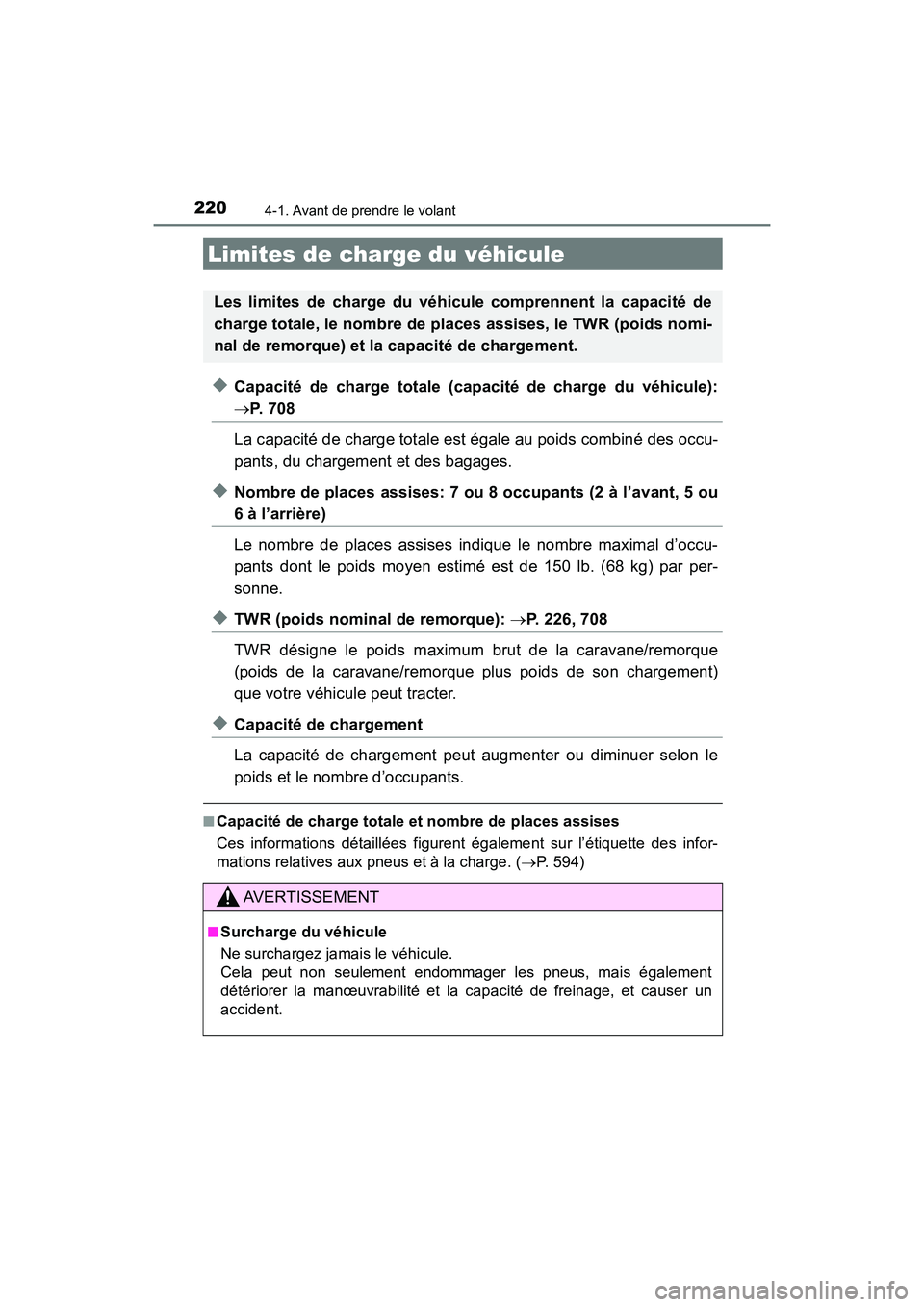 TOYOTA HIGHLANDER 2017 Manuel du propriétaire (in French) 2204-1. Avant de prendre le volant
HIGHLANDER_D_ OM0E017D
◆Capacité de charge totale (capacité de charge du véhicule):
P. 7 0 8
La capacité de charge totale est égale au poids combiné des TOYOTA HIGHLANDER 2017 Manuel du propriétaire (in French) 2204-1. Avant de prendre le volant
HIGHLANDER_D_ OM0E017D
◆Capacité de charge totale (capacité de charge du véhicule):
P. 7 0 8
La capacité de charge totale est égale au poids combiné des