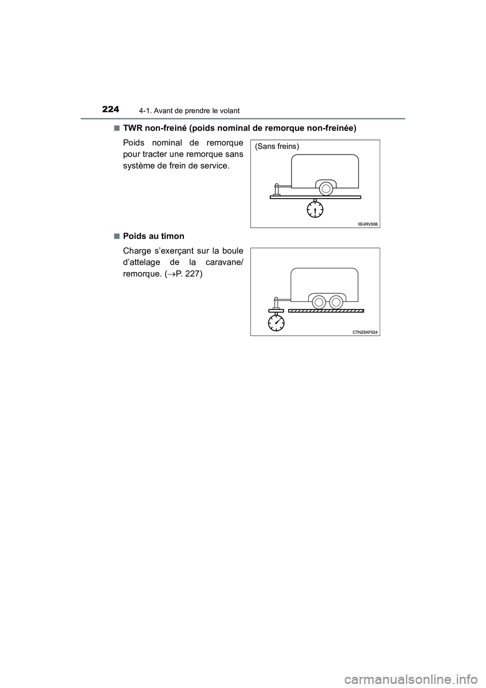 TOYOTA HIGHLANDER 2017 Manuel du propriétaire (in French) 2244-1. Avant de prendre le volant
HIGHLANDER_D_ OM0E017D
■TWR non-freiné (poids nominal de remorque non-freinée)
Poids nominal de remorque
pour tracter une remorque sans
système de frein de s TOYOTA HIGHLANDER 2017 Manuel du propriétaire (in French) 2244-1. Avant de prendre le volant
HIGHLANDER_D_ OM0E017D
■TWR non-freiné (poids nominal de remorque non-freinée)
Poids nominal de remorque
pour tracter une remorque sans
système de frein de s