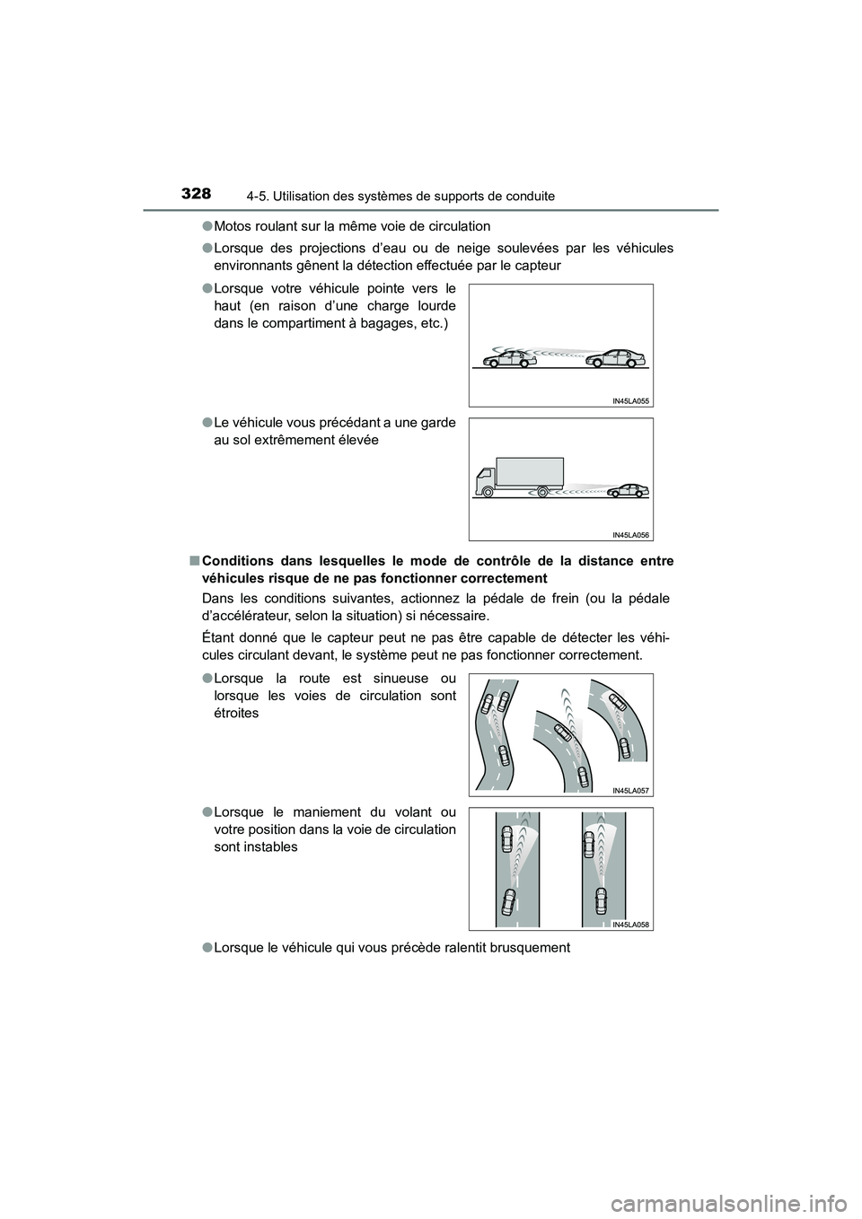 TOYOTA HIGHLANDER 2017  Manuel du propriétaire (in French) 3284-5. Utilisation des systèmes de supports de conduite
HIGHLANDER_D_ OM0E017D 
● Motos roulant sur la même voie de circulation 
● Lorsque des projections d’eau ou de neige soulevées par les