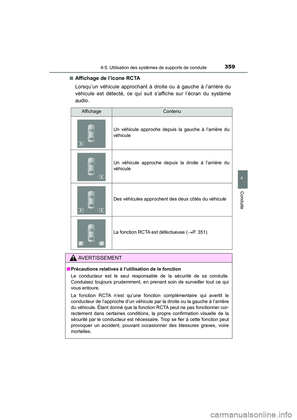 TOYOTA HIGHLANDER 2017 Manuel du propriétaire (in French) 3594-5. Utilisation des systèmes de supports de conduite
4
Conduite
HIGHLANDER_D_ OM0E017D
■Affichage de l’icone RCTA
Lorsqu’un véhicule approchant à droite ou à gauche à l’arrière du TOYOTA HIGHLANDER 2017 Manuel du propriétaire (in French) 3594-5. Utilisation des systèmes de supports de conduite
4
Conduite
HIGHLANDER_D_ OM0E017D
■Affichage de l’icone RCTA
Lorsqu’un véhicule approchant à droite ou à gauche à l’arrière du