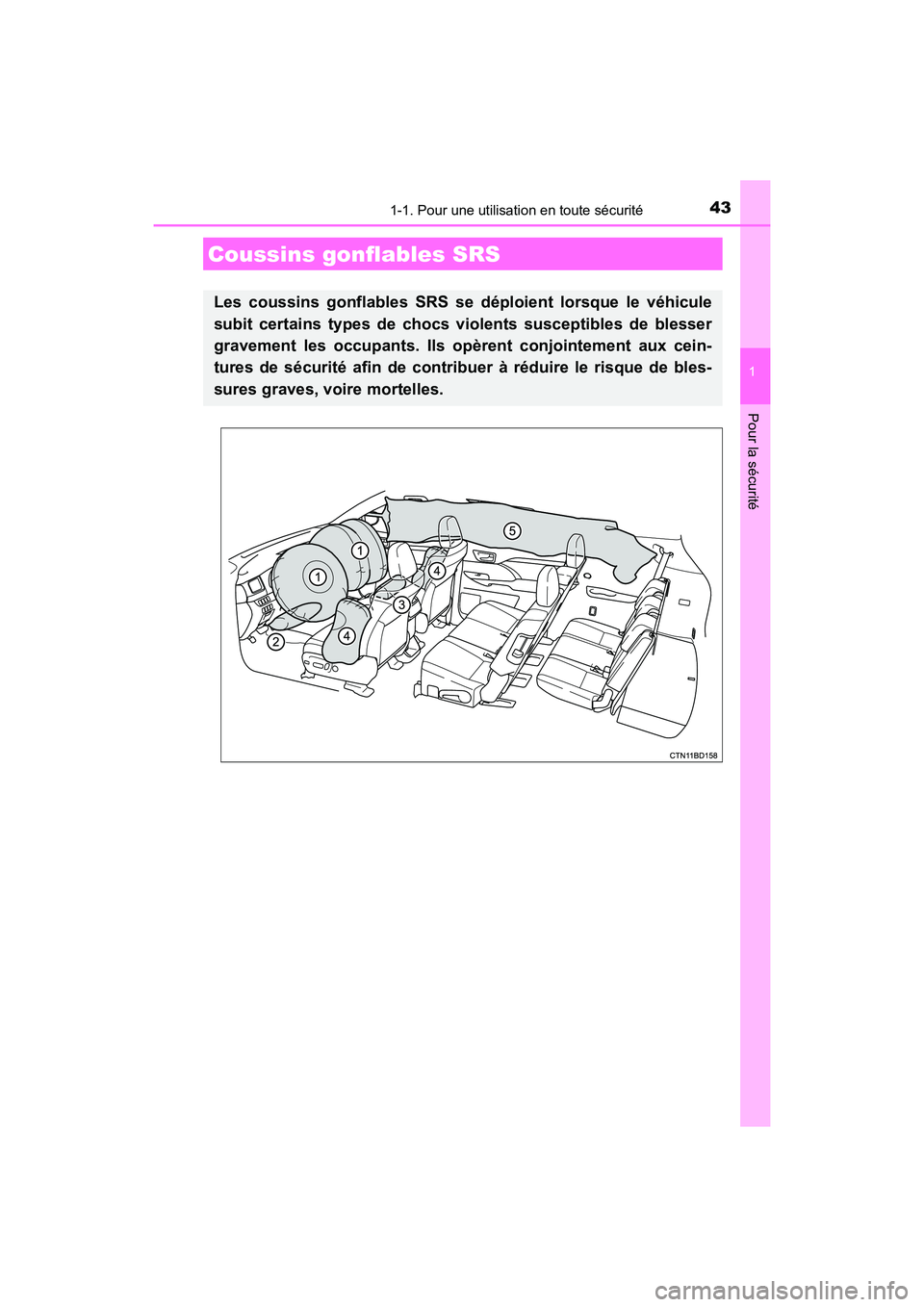 TOYOTA HIGHLANDER 2017 Manuel du propriétaire (in French) 431-1. Pour une utilisation en toute sécurité
1
Pour la sécurité
HIGHLANDER_D_ OM0E017D
Coussins gonflables SRS
Les coussins gonflables SRS se déploient lorsque le véhicule
subit certains types TOYOTA HIGHLANDER 2017 Manuel du propriétaire (in French) 431-1. Pour une utilisation en toute sécurité
1
Pour la sécurité
HIGHLANDER_D_ OM0E017D
Coussins gonflables SRS
Les coussins gonflables SRS se déploient lorsque le véhicule
subit certains types