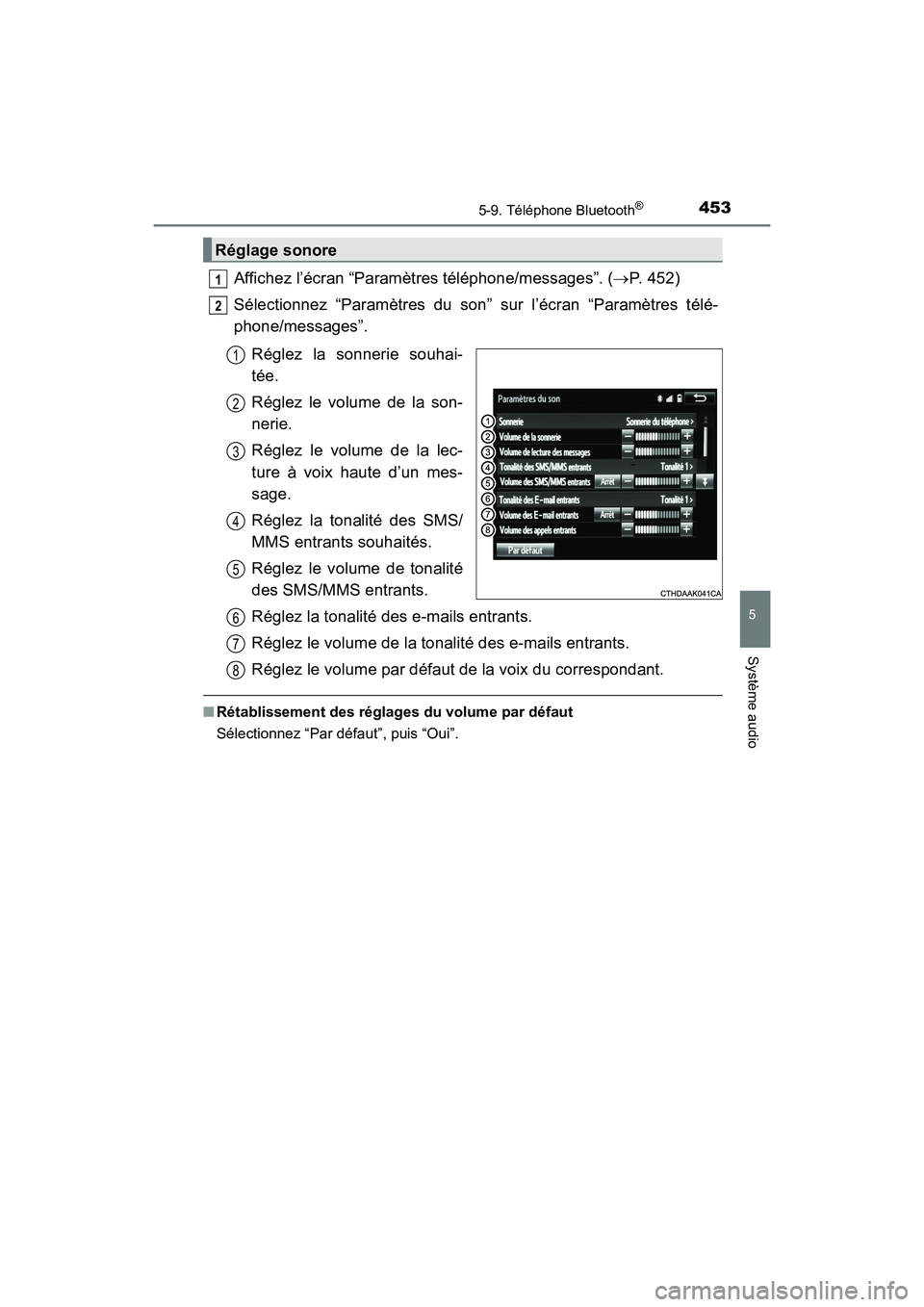 TOYOTA HIGHLANDER 2017 Manuel du propriétaire (in French) 4535-9. Téléphone Bluetooth®
5
Système audio
HIGHLANDER_D_ OM0E017D
Affichez l’écran “Paramètres téléphone/messages”. (P. 452)
Sélectionnez “Paramètres du son” sur l’écran TOYOTA HIGHLANDER 2017 Manuel du propriétaire (in French) 4535-9. Téléphone Bluetooth®
5
Système audio
HIGHLANDER_D_ OM0E017D
Affichez l’écran “Paramètres téléphone/messages”. (P. 452)
Sélectionnez “Paramètres du son” sur l’écran