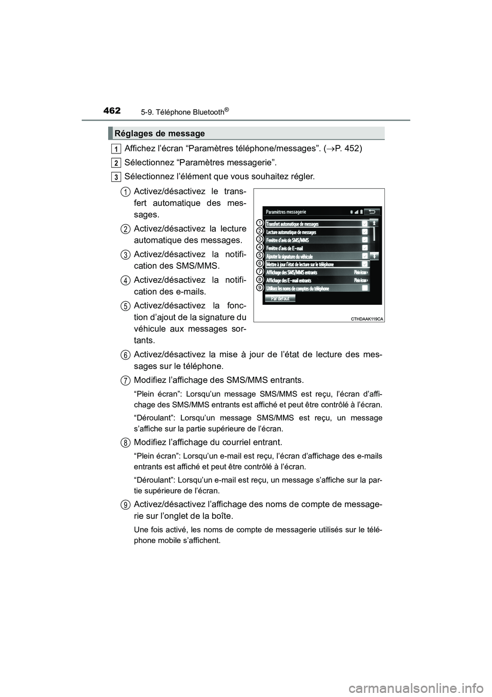 TOYOTA HIGHLANDER 2017 Manuel du propriétaire (in French) 4625-9. Téléphone Bluetooth®
HIGHLANDER_D_ OM0E017D
Affichez l’écran “Paramètres téléphone/messages”. (P. 452)
Sélectionnez “Paramètres messagerie”.
Sélectionnez l’élément TOYOTA HIGHLANDER 2017 Manuel du propriétaire (in French) 4625-9. Téléphone Bluetooth®
HIGHLANDER_D_ OM0E017D
Affichez l’écran “Paramètres téléphone/messages”. (P. 452)
Sélectionnez “Paramètres messagerie”.
Sélectionnez l’élément
