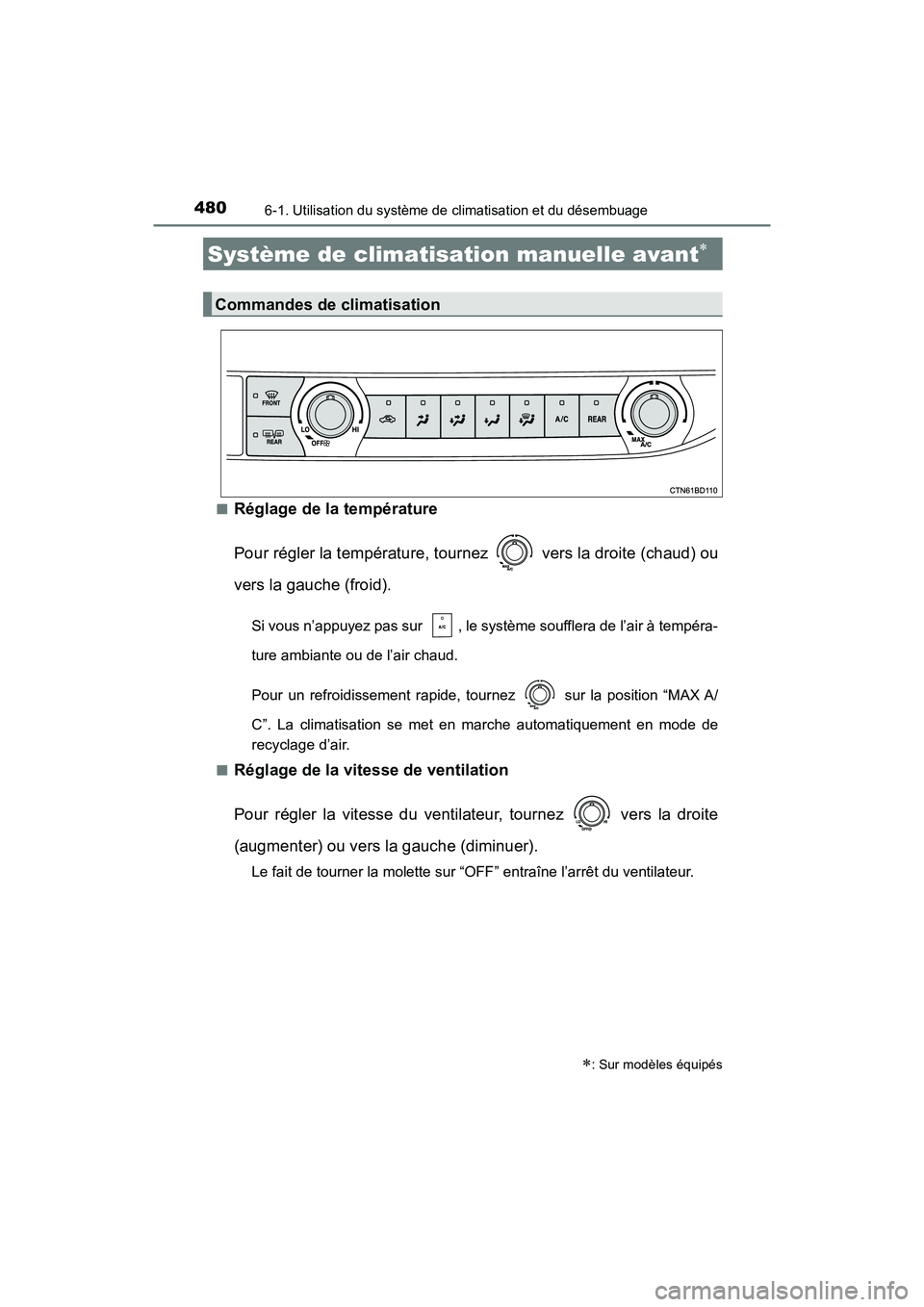 TOYOTA HIGHLANDER 2017  Manuel du propriétaire (in French) 480
HIGHLANDER_D_ OM0E017D
6-1. Utilisation du système de climatisation et du désembuage
■Réglage de la température 
Pour régler la température, tournez   vers la droite (chaud) ou 
vers la ga