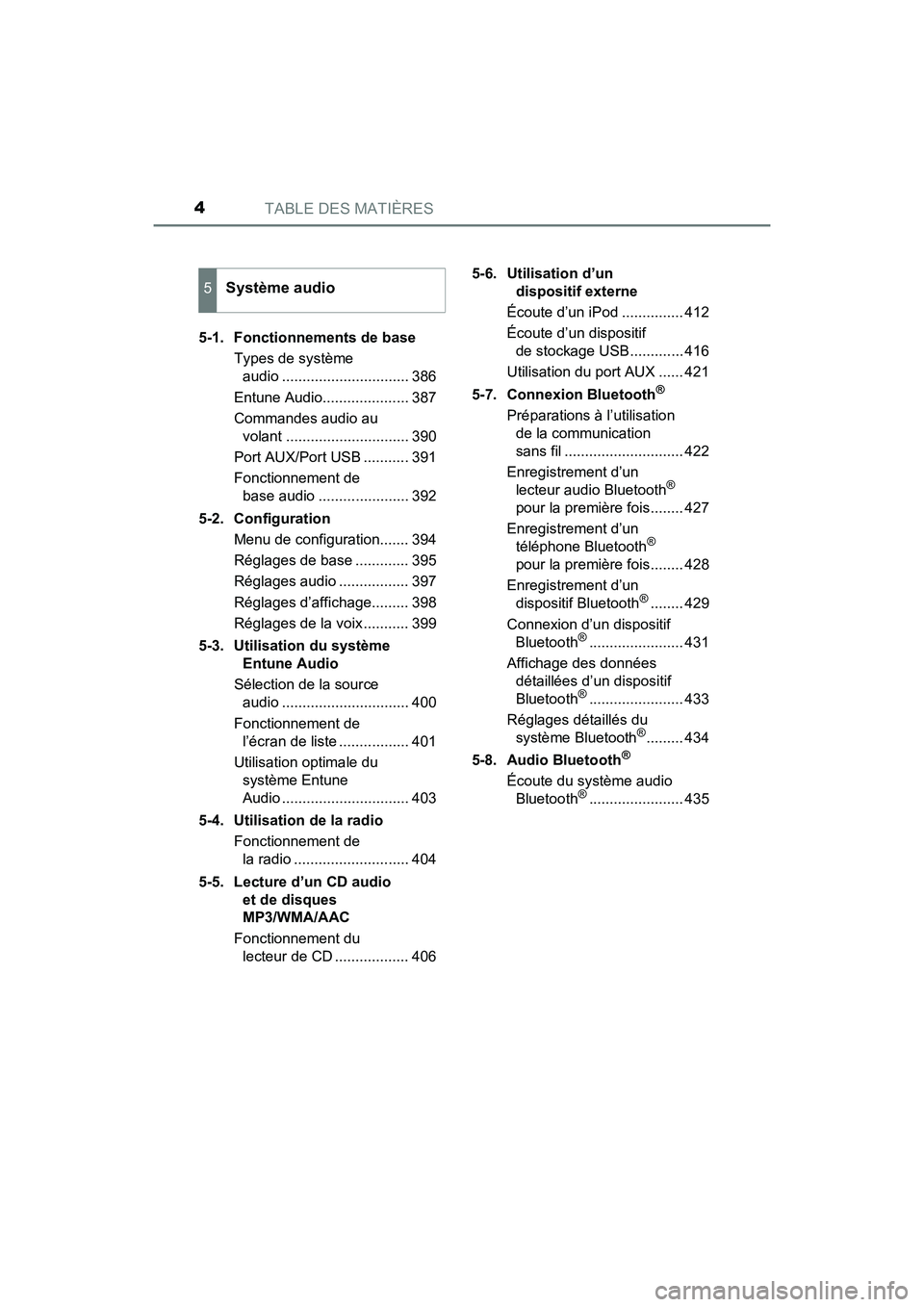 TOYOTA HIGHLANDER 2017  Manuel du propriétaire (in French) TABLE DES MATIÈRES4
HIGHLANDER_D_ OM0E017D 
5-1.  Fonctionnements de base 
Types de système  
audio ............................... 386 
Entune Audio..................... 387 
Commandes audio au  
v
