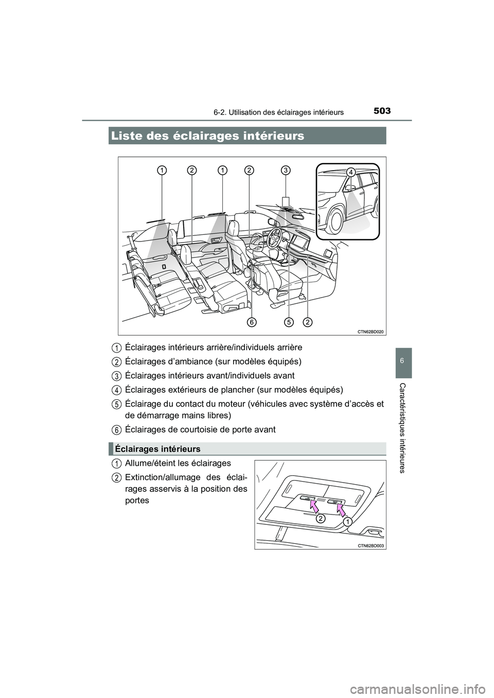 TOYOTA HIGHLANDER 2017  Manuel du propriétaire (in French) 503
6
Caractéristiques intérieures
HIGHLANDER_D_ OM0E017D
6-2. Utilisation des éclairages intérieurs
Éclairages intérieurs arrière/individuels arrière 
Éclairages d’ambiance (sur modèles 