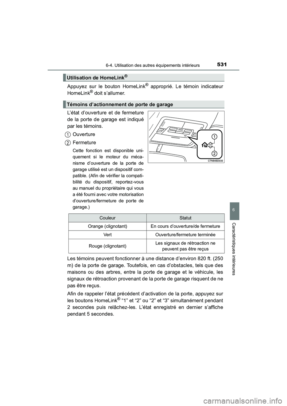 TOYOTA HIGHLANDER 2017  Manuel du propriétaire (in French) 5316-4. Utilisation des autres équipements intérieurs
6
Caractéristiques intérieures
HIGHLANDER_D_ OM0E017D
Appuyez sur le bouton HomeLink® approprié. Le témoin indicateur 
HomeLink® doit s’