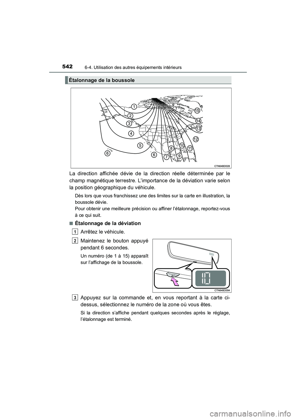 TOYOTA HIGHLANDER 2017  Manuel du propriétaire (in French) 5426-4. Utilisation des autres équipements intérieurs
HIGHLANDER_D_ OM0E017D
La direction affichée dévie de la direction réelle déterminée par le 
champ magnétique terrestre. L’importance de
