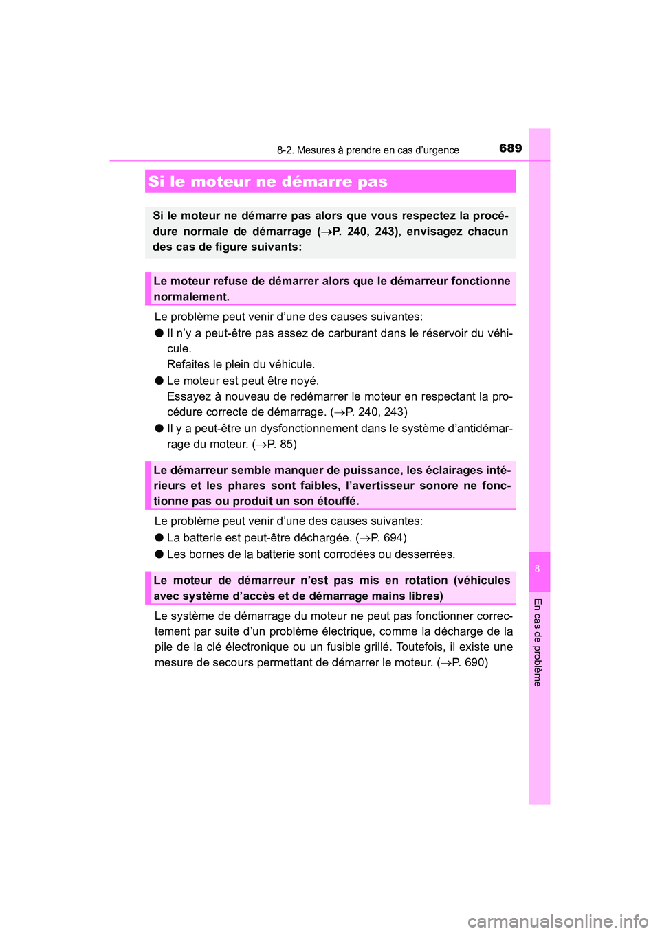 TOYOTA HIGHLANDER 2017 Manuel du propriétaire (in French) 6898-2. Mesures à prendre en cas d’urgence
8
En cas de problème
HIGHLANDER_D_ OM0E017D
Le problème peut venir d’une des causes suivantes:
● Il n’y a peut-être pas assez de carburant dans TOYOTA HIGHLANDER 2017 Manuel du propriétaire (in French) 6898-2. Mesures à prendre en cas d’urgence
8
En cas de problème
HIGHLANDER_D_ OM0E017D
Le problème peut venir d’une des causes suivantes:
● Il n’y a peut-être pas assez de carburant dans