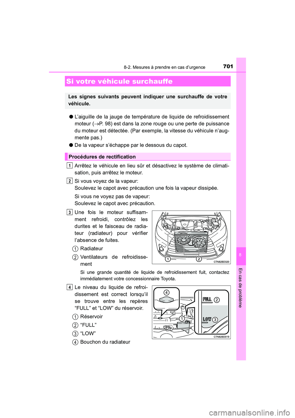 TOYOTA HIGHLANDER 2017 Manuel du propriétaire (in French) 7018-2. Mesures à prendre en cas d’urgence
8
En cas de problème
HIGHLANDER_D_ OM0E017D
●L’aiguille de la jauge de température de liquide de refroidissement
moteur ( P. 98) est dans la zon TOYOTA HIGHLANDER 2017 Manuel du propriétaire (in French) 7018-2. Mesures à prendre en cas d’urgence
8
En cas de problème
HIGHLANDER_D_ OM0E017D
●L’aiguille de la jauge de température de liquide de refroidissement
moteur ( P. 98) est dans la zon