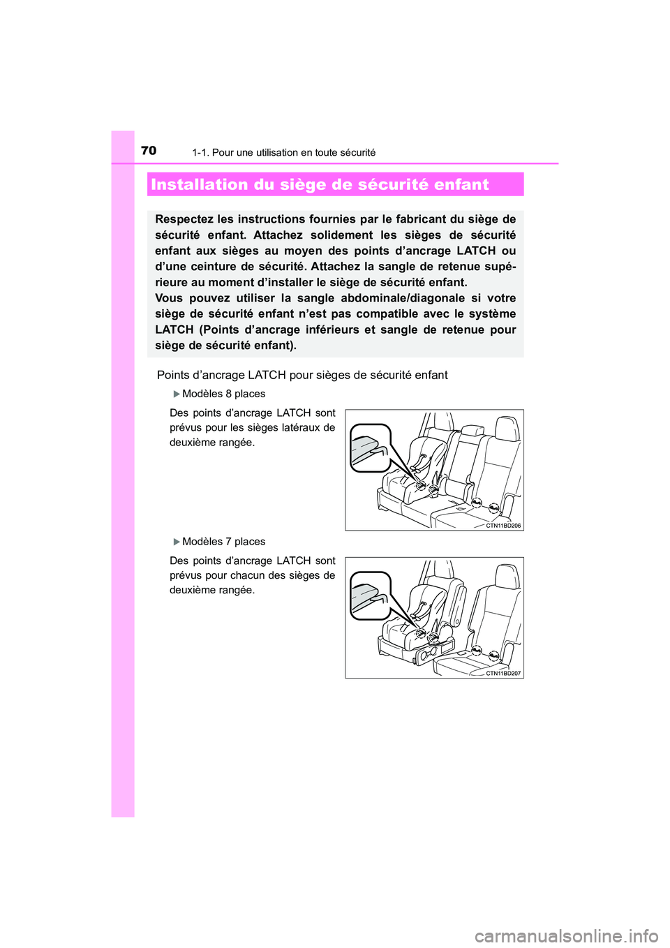 TOYOTA HIGHLANDER 2017 Manuel du propriétaire (in French) 701-1. Pour une utilisation en toute sécurité
HIGHLANDER_D_ OM0E017D
Points d’ancrage LATCH pour sièges de sécurité enfant
Modèles 8 places
Des points d’ancrage LATCH sont
prévus pour TOYOTA HIGHLANDER 2017 Manuel du propriétaire (in French) 701-1. Pour une utilisation en toute sécurité
HIGHLANDER_D_ OM0E017D
Points d’ancrage LATCH pour sièges de sécurité enfant
Modèles 8 places
Des points d’ancrage LATCH sont
prévus pour