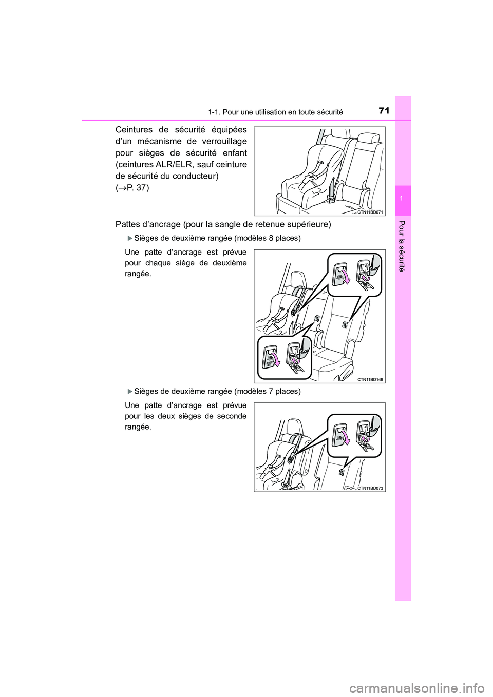 TOYOTA HIGHLANDER 2017 Manuel du propriétaire (in French) 711-1. Pour une utilisation en toute sécurité
1
Pour la sécurité
HIGHLANDER_D_ OM0E017D
Ceintures de sécurité équipées
d’un mécanisme de verrouillage
pour sièges de sécurité enfant
(cein TOYOTA HIGHLANDER 2017 Manuel du propriétaire (in French) 711-1. Pour une utilisation en toute sécurité
1
Pour la sécurité
HIGHLANDER_D_ OM0E017D
Ceintures de sécurité équipées
d’un mécanisme de verrouillage
pour sièges de sécurité enfant
(cein