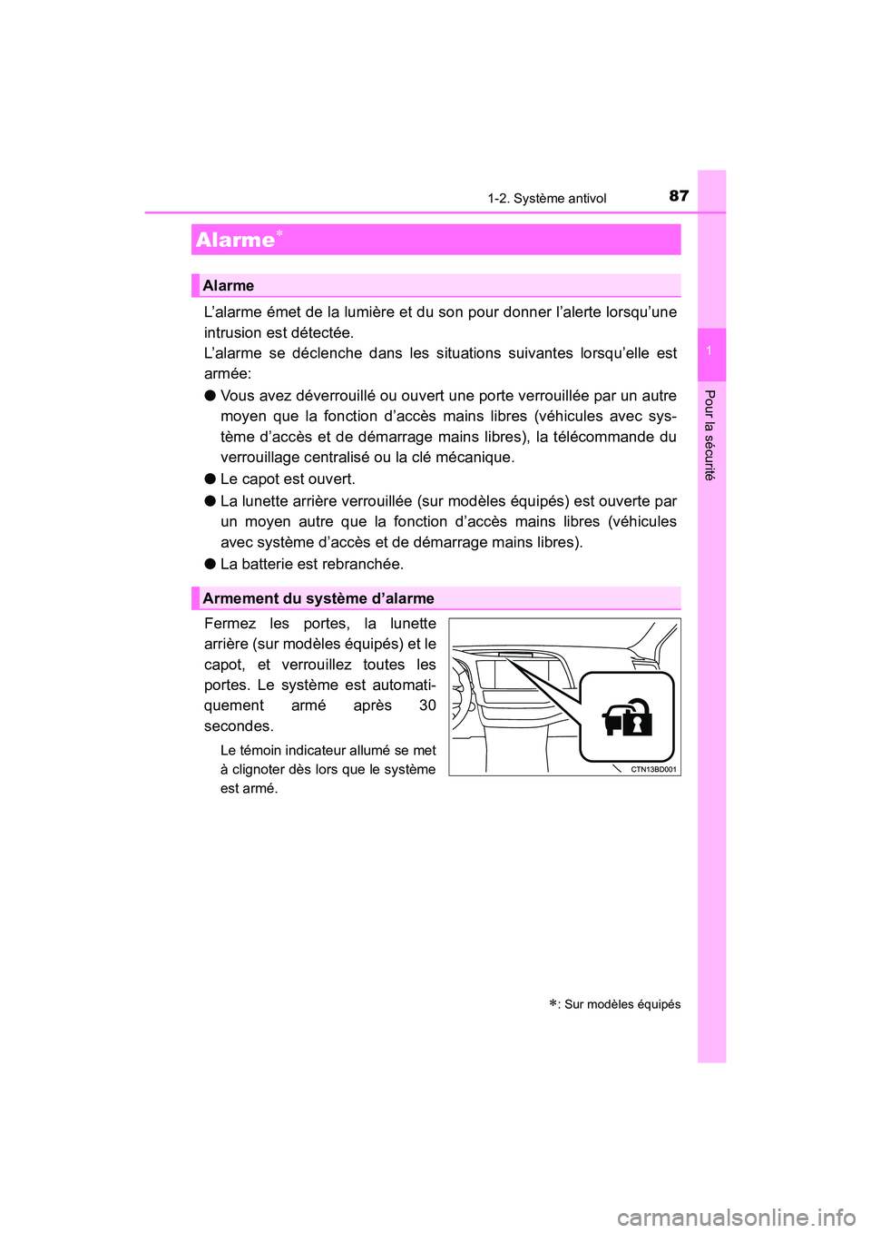 TOYOTA HIGHLANDER 2017 Manuel du propriétaire (in French) 871-2. Système antivol
1
Pour la sécurité
HIGHLANDER_D_ OM0E017D
L’alarme émet de la lumière et du son pour donner l’alerte lorsqu’une
intrusion est détectée.
L’alarme se déclenche da TOYOTA HIGHLANDER 2017 Manuel du propriétaire (in French) 871-2. Système antivol
1
Pour la sécurité
HIGHLANDER_D_ OM0E017D
L’alarme émet de la lumière et du son pour donner l’alerte lorsqu’une
intrusion est détectée.
L’alarme se déclenche da