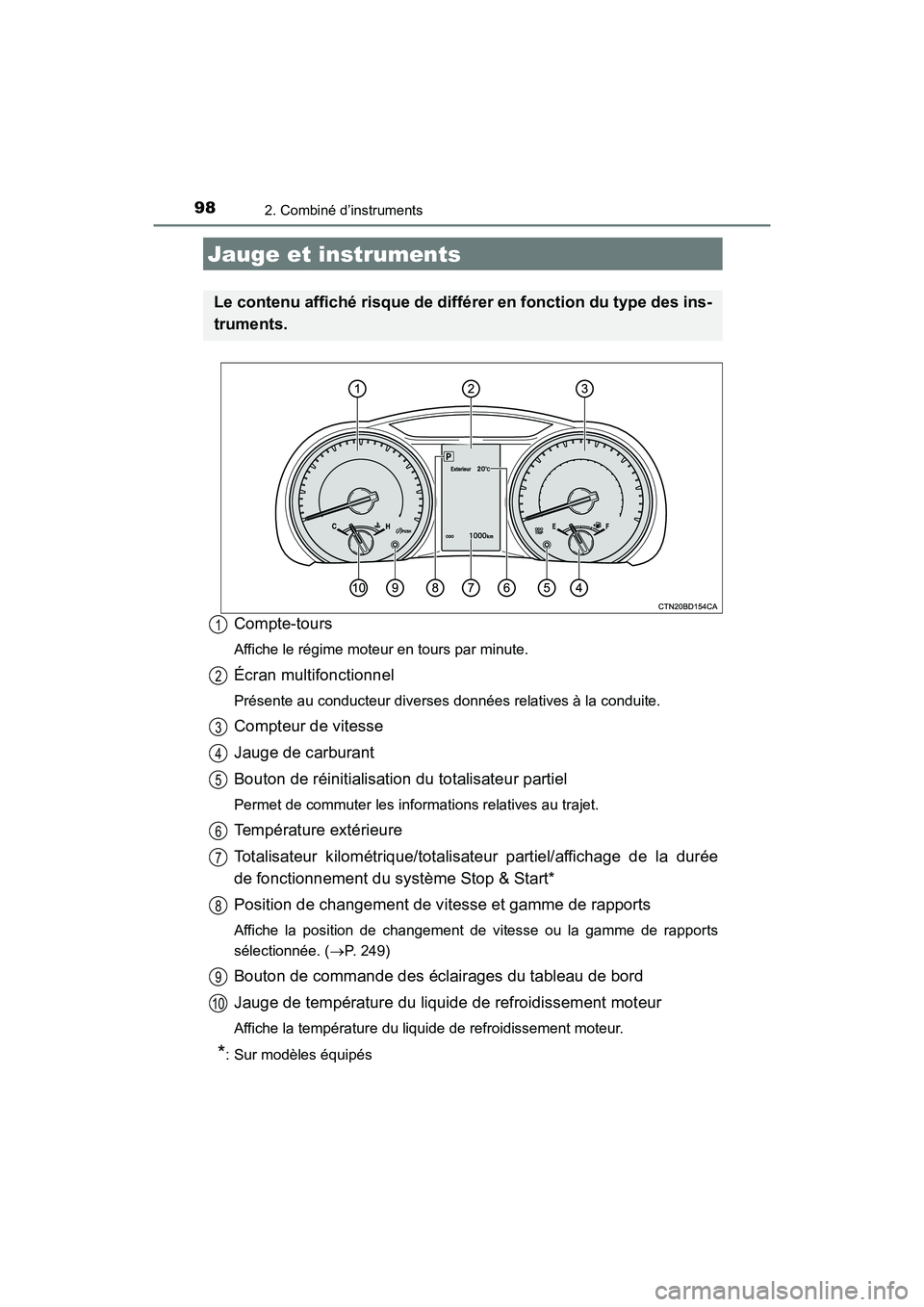 TOYOTA HIGHLANDER 2017 Manuel du propriétaire (in French) 982. Combiné d’instruments
HIGHLANDER_D_ OM0E017D
Compte-tours
Affiche le régime moteur en tours par minute.
Écran multifonctionnel
Présente au conducteur diverses données relatives à la condu TOYOTA HIGHLANDER 2017 Manuel du propriétaire (in French) 982. Combiné d’instruments
HIGHLANDER_D_ OM0E017D
Compte-tours
Affiche le régime moteur en tours par minute.
Écran multifonctionnel
Présente au conducteur diverses données relatives à la condu