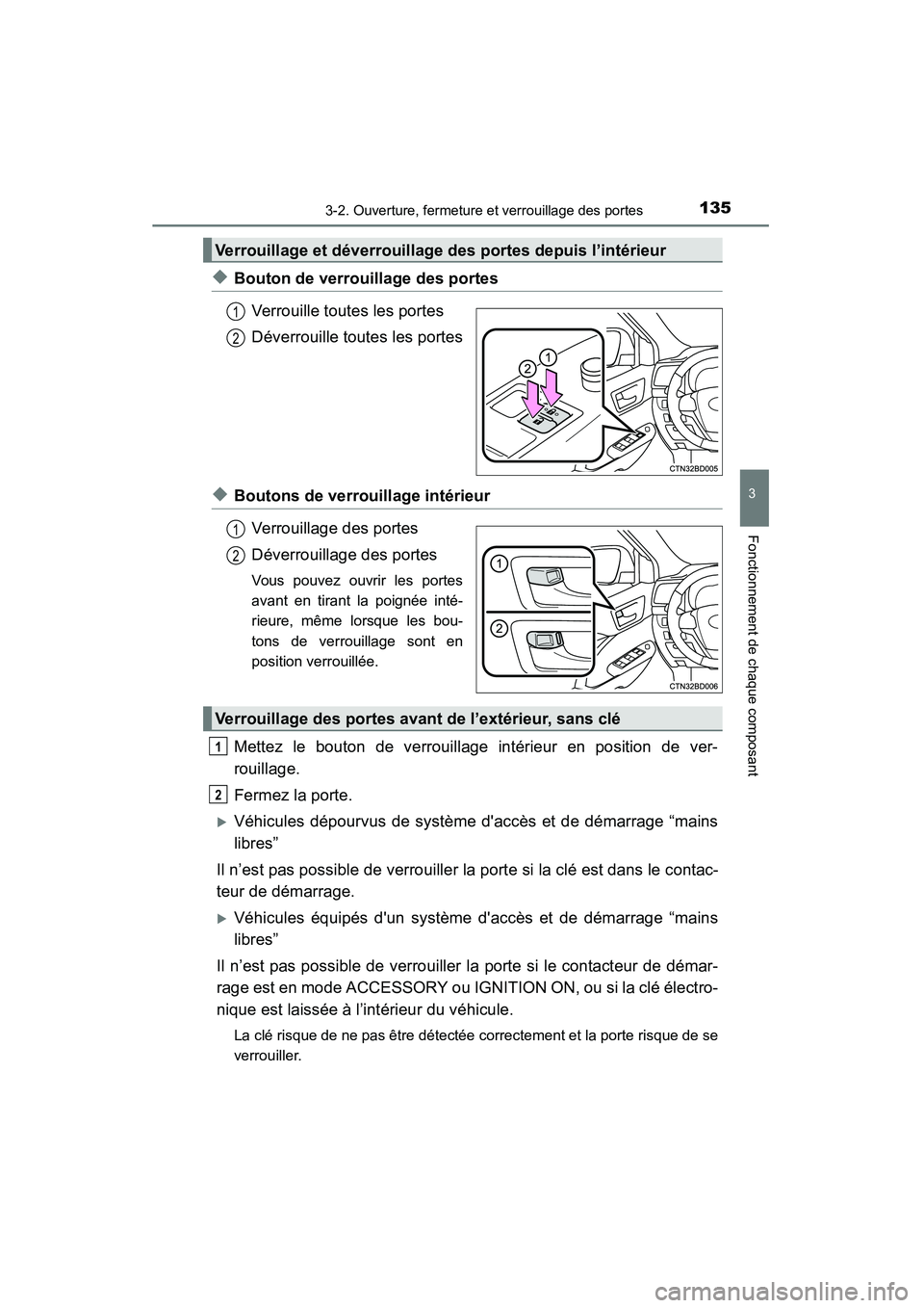 TOYOTA HIGHLANDER 2015  Manuel du propriétaire (in French) 1353-2. Ouverture, fermeture et verrouillage des portes
3
Fonctionnement de chaque composant
HIGHLANDER_D (OM48E98D)
◆Bouton de verrouillage des portesVerrouille toutes les portes
Déverrouille tout