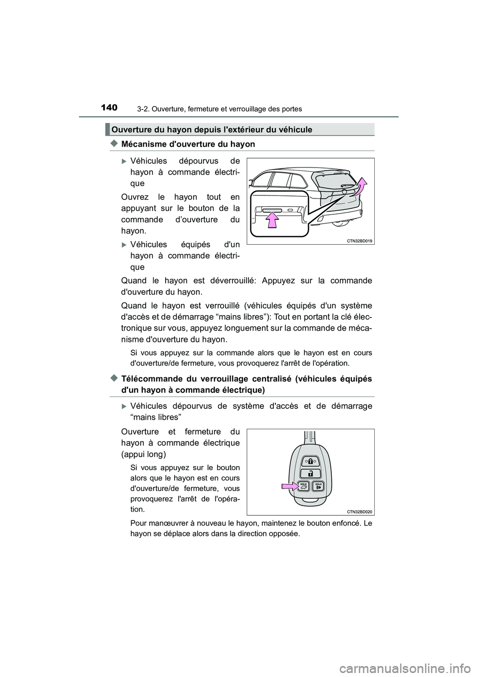 TOYOTA HIGHLANDER 2015  Manuel du propriétaire (in French) 1403-2. Ouverture, fermeture et verrouillage des portes
HIGHLANDER_D (OM48E98D)
◆Mécanisme douverture du hayon
�XVéhicules dépourvus de
hayon à commande électri-
que
Ouvrez le hayon tout en
ap