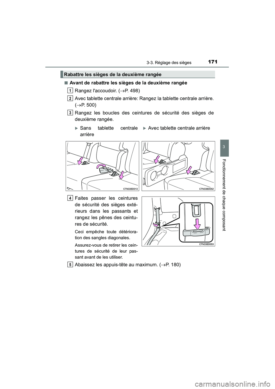 TOYOTA HIGHLANDER 2015 Manuel du propriétaire (in French) 1713-3. Réglage des sièges
3
Fonctionnement de chaque composant
HIGHLANDER_D (OM48E98D)■
Avant de rabattre les sièges de la deuxième rangée
Rangez laccoudoir. ( →P. 498)
Avec tablette centra TOYOTA HIGHLANDER 2015 Manuel du propriétaire (in French) 1713-3. Réglage des sièges
3
Fonctionnement de chaque composant
HIGHLANDER_D (OM48E98D)■
Avant de rabattre les sièges de la deuxième rangée
Rangez laccoudoir. ( →P. 498)
Avec tablette centra