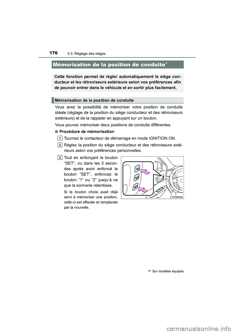 TOYOTA HIGHLANDER 2015 Manuel du propriétaire (in French) 1763-3. Réglage des sièges
HIGHLANDER_D (OM48E98D)
Vous avez la possibilité de mémoriser votre position de conduite
idéale (réglage de la position du siège conducteur et des rétroviseurs
exté TOYOTA HIGHLANDER 2015 Manuel du propriétaire (in French) 1763-3. Réglage des sièges
HIGHLANDER_D (OM48E98D)
Vous avez la possibilité de mémoriser votre position de conduite
idéale (réglage de la position du siège conducteur et des rétroviseurs
exté