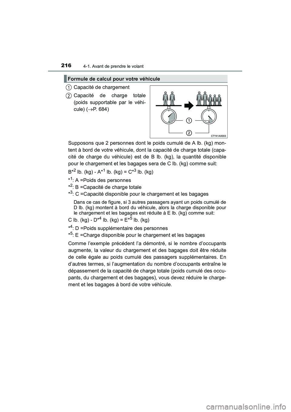 TOYOTA HIGHLANDER 2015 Manuel du propriétaire (in French) 2164-1. Avant de prendre le volant
HIGHLANDER_D (OM48E98D)
Capacité de chargement
Capacité de charge totale
(poids supportable par le véhi-
cule) (→P. 684)
Supposons que 2 personnes dont le poids TOYOTA HIGHLANDER 2015 Manuel du propriétaire (in French) 2164-1. Avant de prendre le volant
HIGHLANDER_D (OM48E98D)
Capacité de chargement
Capacité de charge totale
(poids supportable par le véhi-
cule) (→P. 684)
Supposons que 2 personnes dont le poids