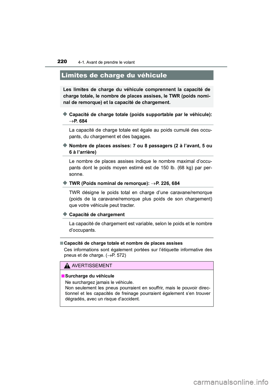 TOYOTA HIGHLANDER 2015 Manuel du propriétaire (in French) 2204-1. Avant de prendre le volant
HIGHLANDER_D (OM48E98D)
◆Capacité de charge totale (poids supportable par le véhicule):
→P. 6 8 4
La capacité de charge totale est égale au poids cumulé de TOYOTA HIGHLANDER 2015 Manuel du propriétaire (in French) 2204-1. Avant de prendre le volant
HIGHLANDER_D (OM48E98D)
◆Capacité de charge totale (poids supportable par le véhicule):
→P. 6 8 4
La capacité de charge totale est égale au poids cumulé de