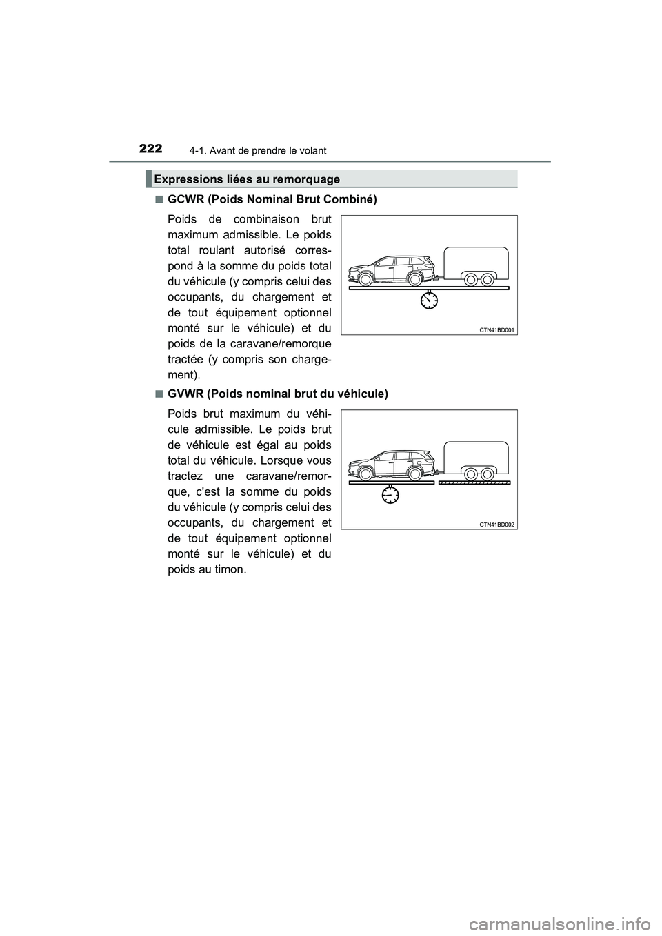TOYOTA HIGHLANDER 2015 Manuel du propriétaire (in French) 2224-1. Avant de prendre le volant
HIGHLANDER_D (OM48E98D)■
GCWR (Poids Nominal Brut Combiné)
Poids de combinaison brut
maximum admissible. Le poids
total roulant autorisé corres-
pond à la somme TOYOTA HIGHLANDER 2015 Manuel du propriétaire (in French) 2224-1. Avant de prendre le volant
HIGHLANDER_D (OM48E98D)■
GCWR (Poids Nominal Brut Combiné)
Poids de combinaison brut
maximum admissible. Le poids
total roulant autorisé corres-
pond à la somme