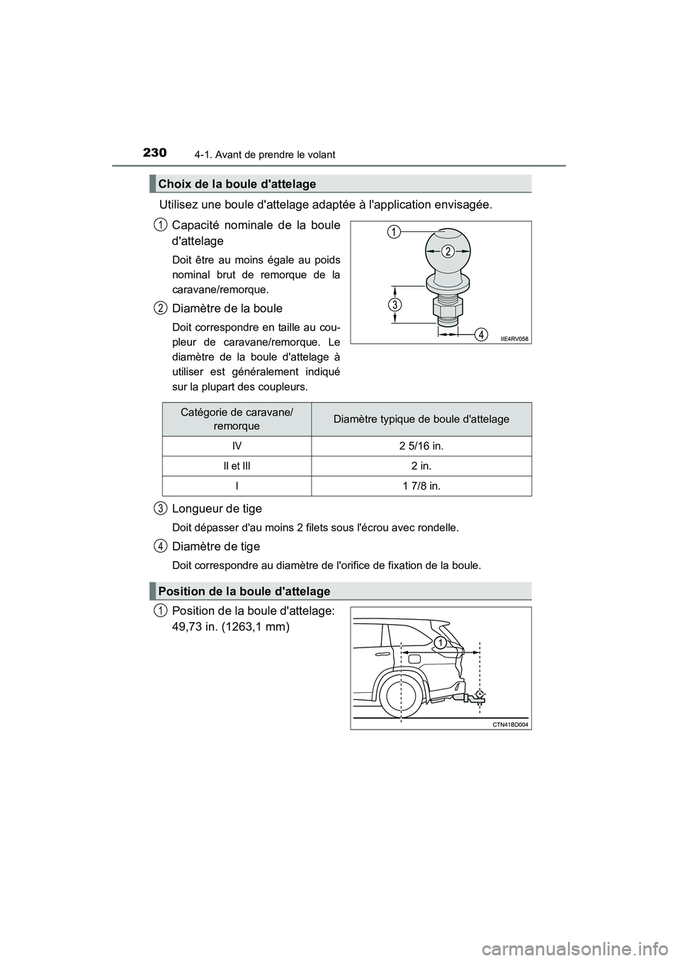 TOYOTA HIGHLANDER 2015 Manuel du propriétaire (in French) 2304-1. Avant de prendre le volant
HIGHLANDER_D (OM48E98D)
Utilisez une boule dattelage adaptée à lapplication envisagée.Capacité nominale de la boule
dattelage
Doit être au moins égale au po TOYOTA HIGHLANDER 2015 Manuel du propriétaire (in French) 2304-1. Avant de prendre le volant
HIGHLANDER_D (OM48E98D)
Utilisez une boule dattelage adaptée à lapplication envisagée.Capacité nominale de la boule
dattelage
Doit être au moins égale au po